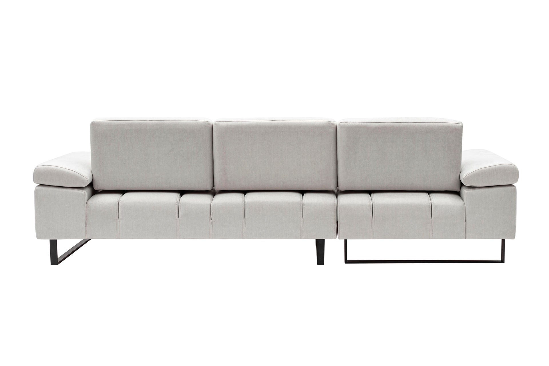 Sofá de canto bege com estrutura de madeira de faia, 174 x 314 cm | 100% poliéster, braço ajustável, encosto móvel, pernas de metal preto fosco | Elegante e funcional para uma vida moderna