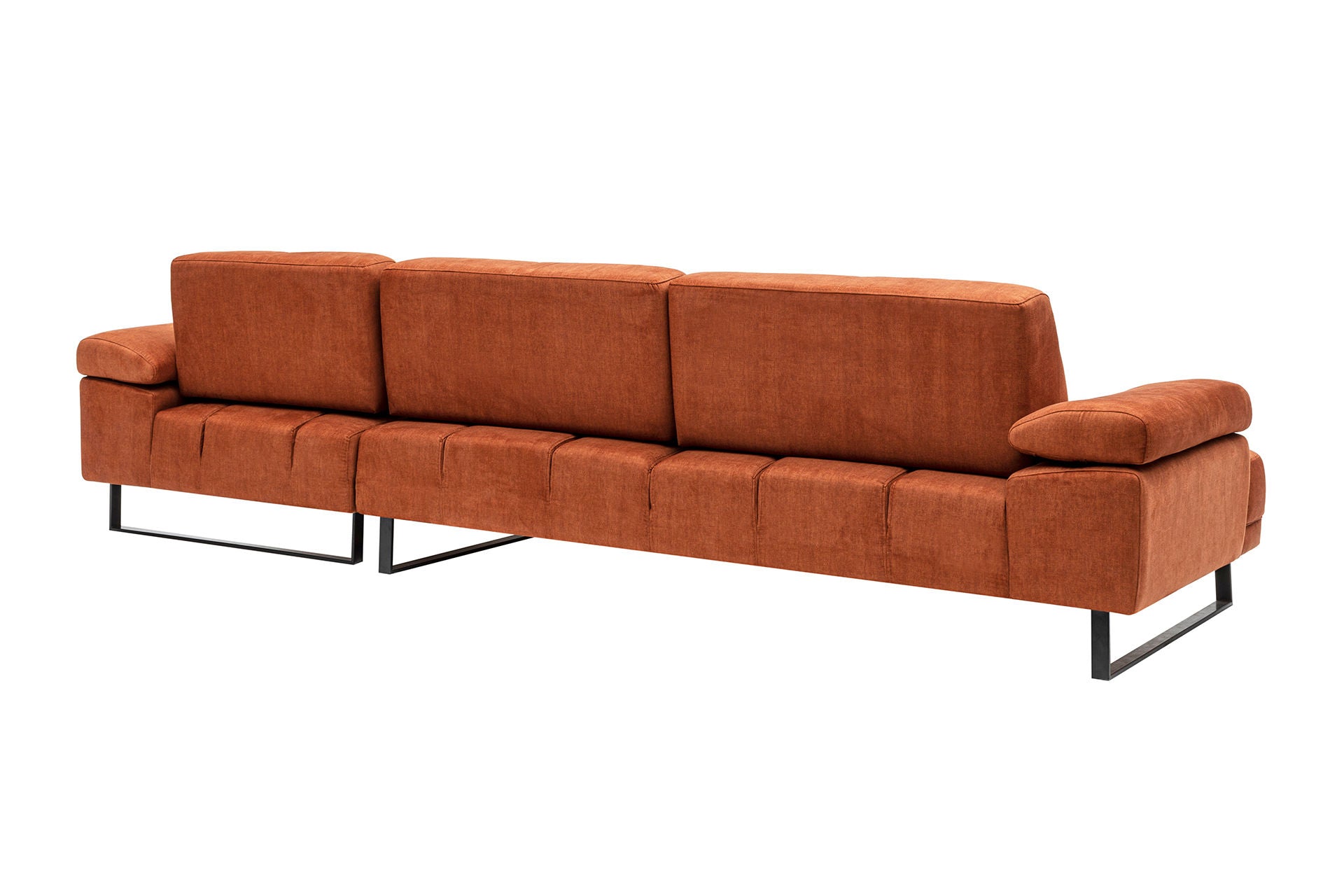 Sofá de canto laranja elegante, estrutura de madeira de faia e aglomerado, 274 x 174 cm | 100% poliéster, braço ajustável, encosto móvel, pernas pretas foscas | Design industrial moderno