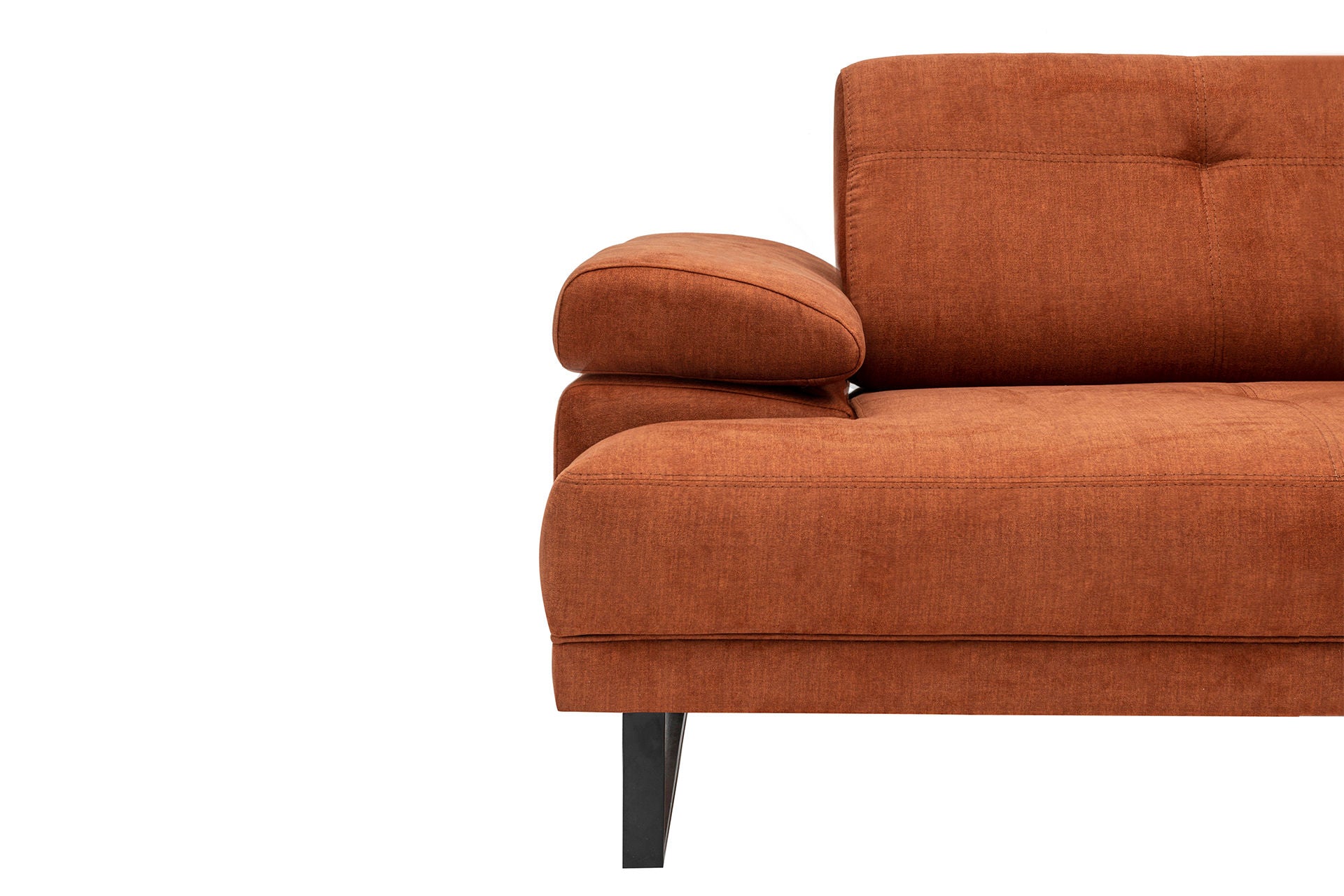 Sofá de canto laranja elegante, estrutura de madeira de faia e aglomerado, 274 x 174 cm | 100% poliéster, braço ajustável, encosto móvel, pernas pretas foscas | Design industrial moderno