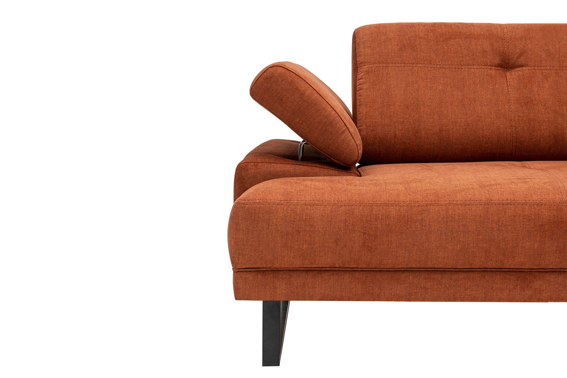 Sofá de canto laranja elegante, estrutura de madeira de faia e aglomerado, 274 x 174 cm | 100% poliéster, braço ajustável, encosto móvel, pernas pretas foscas | Design industrial moderno