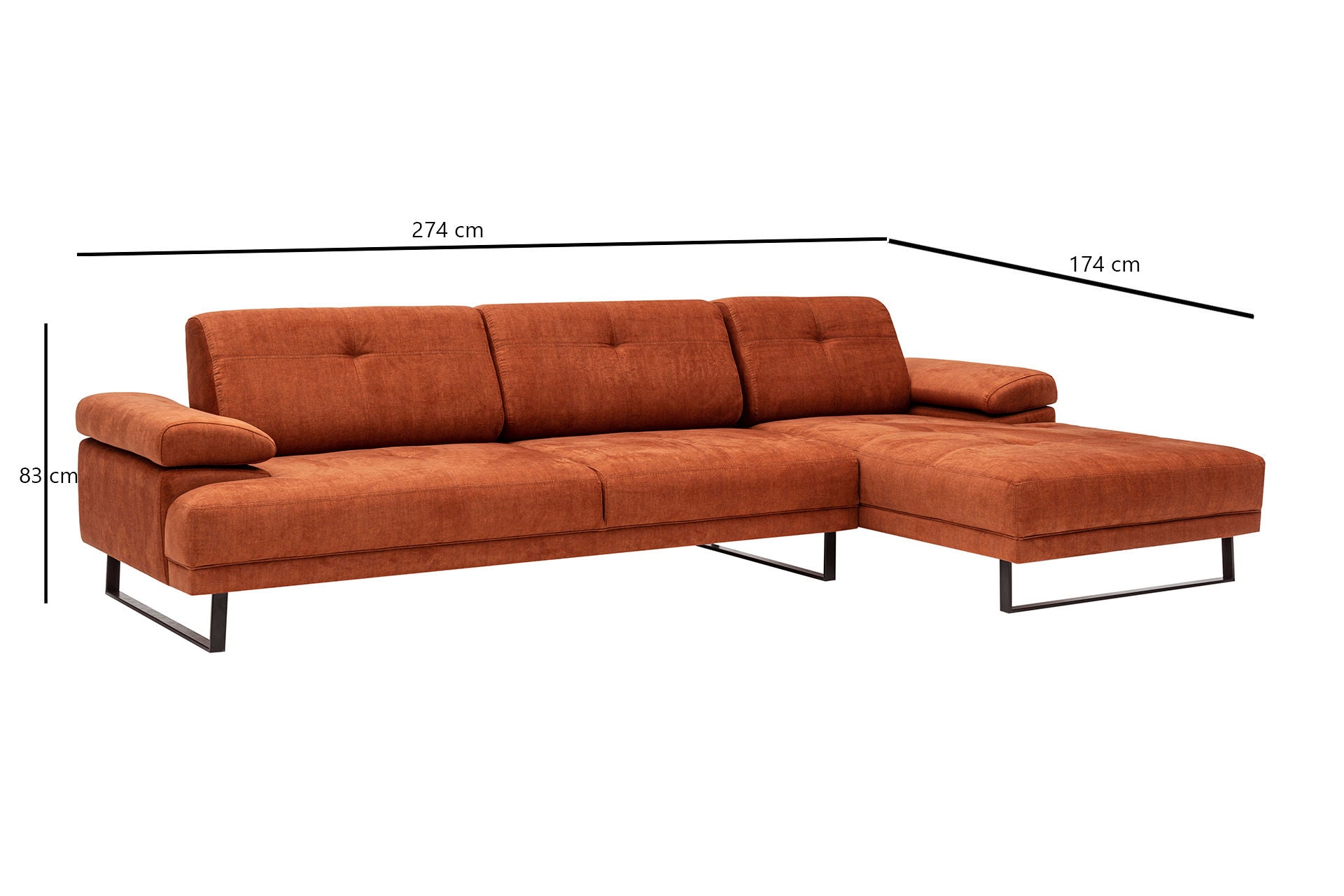 Sofá de canto laranja elegante, estrutura de madeira de faia e aglomerado, 274 x 174 cm | 100% poliéster, braço ajustável, encosto móvel, pernas pretas foscas | Design industrial moderno