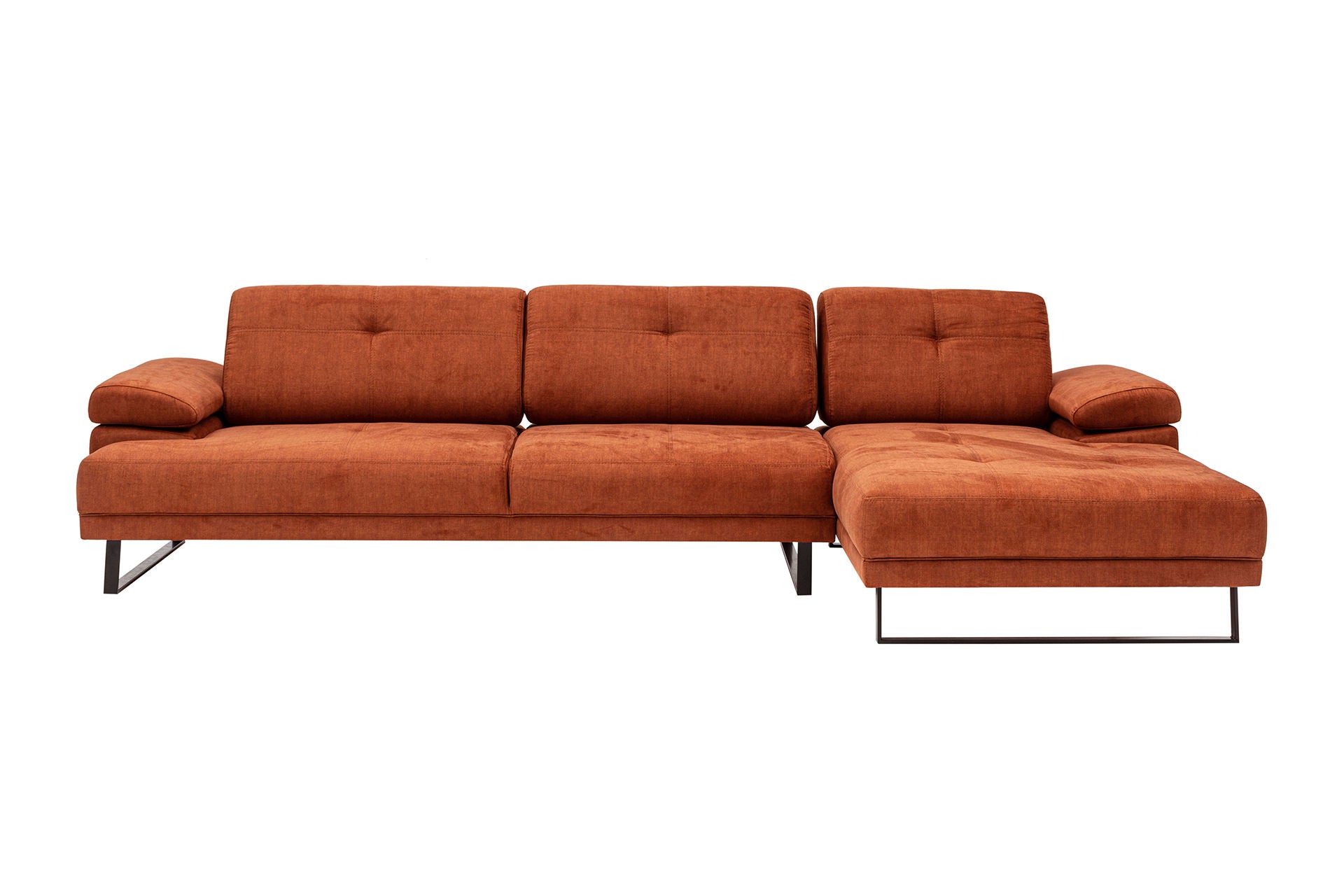 Sofá de canto laranja elegante, estrutura de madeira de faia e aglomerado, 274 x 174 cm | 100% poliéster, braço ajustável, encosto móvel, pernas pretas foscas | Design industrial moderno