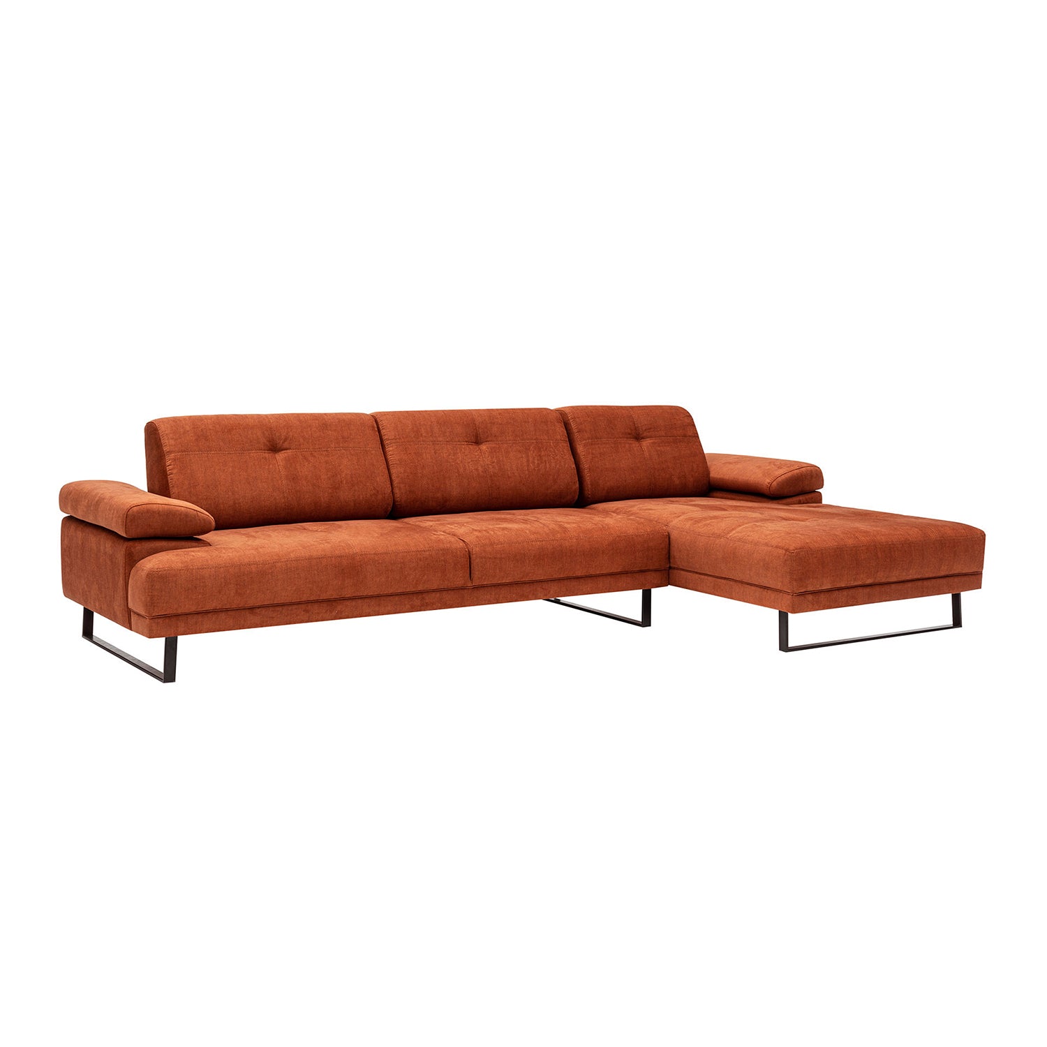 Sofá de canto laranja elegante, estrutura de madeira de faia e aglomerado, 274 x 174 cm | 100% poliéster, braço ajustável, encosto móvel, pernas pretas foscas | Design industrial moderno