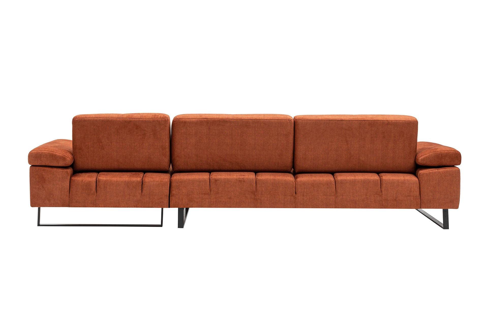 Sofá de canto laranja elegante, estrutura de madeira de faia e aglomerado, 274 x 174 cm | 100% poliéster, braço ajustável, encosto móvel, pernas pretas foscas | Design industrial moderno