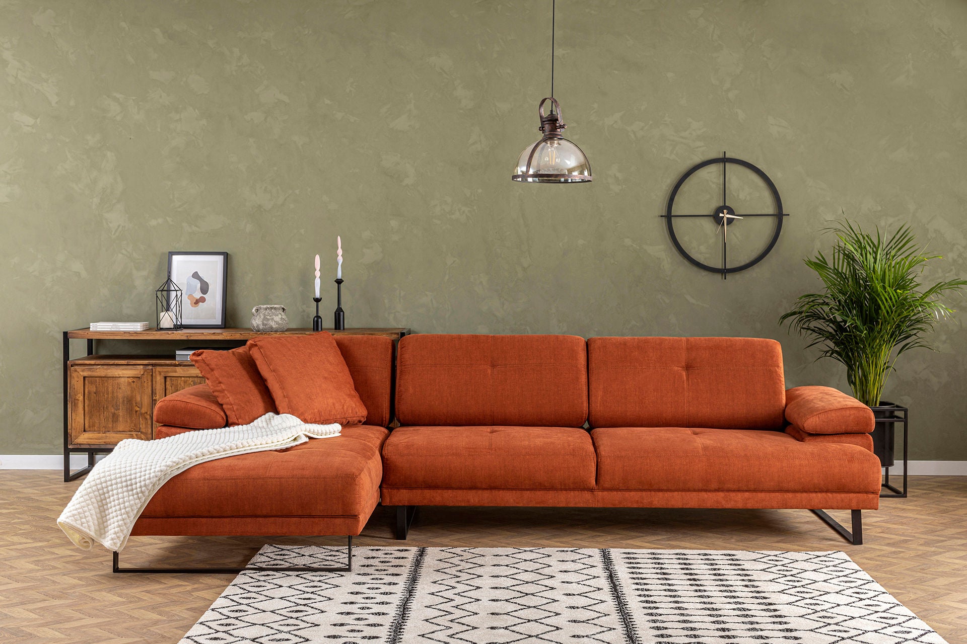 Sofá de canto laranja elegante, 174 x 274 cm, estrutura de madeira de faia e aglomerado, 100% poliéster, braço ajustável, encosto móvel, design industrial moderno