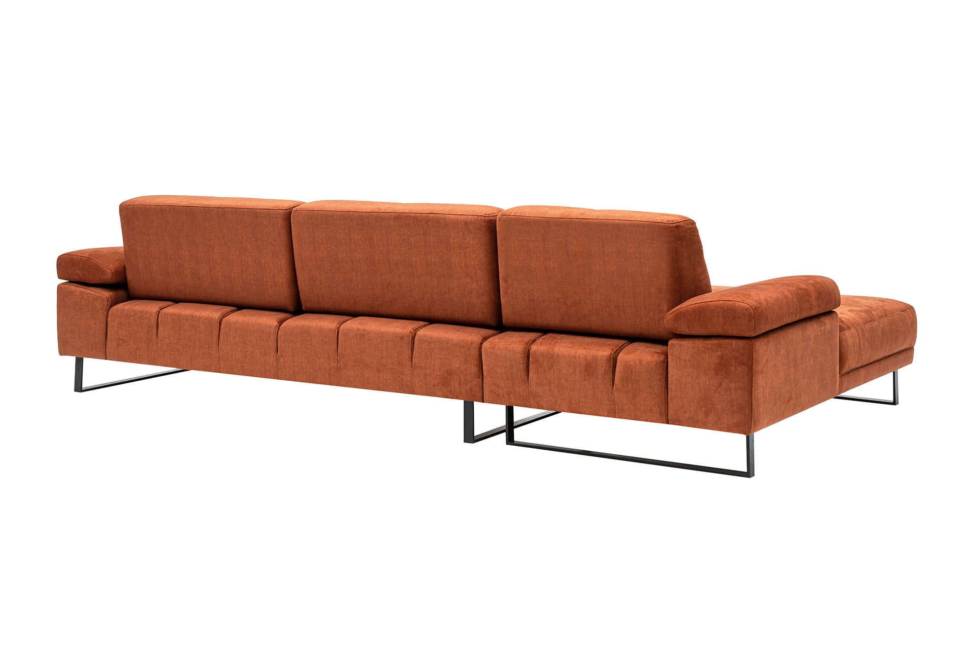 Sofá de canto laranja elegante, 174 x 274 cm, estrutura de madeira de faia e aglomerado, 100% poliéster, braço ajustável, encosto móvel, design industrial moderno
