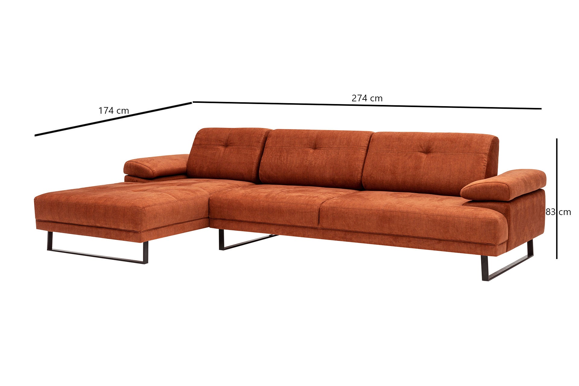 Sofá de canto laranja elegante, 174 x 274 cm, estrutura de madeira de faia e aglomerado, 100% poliéster, braço ajustável, encosto móvel, design industrial moderno
