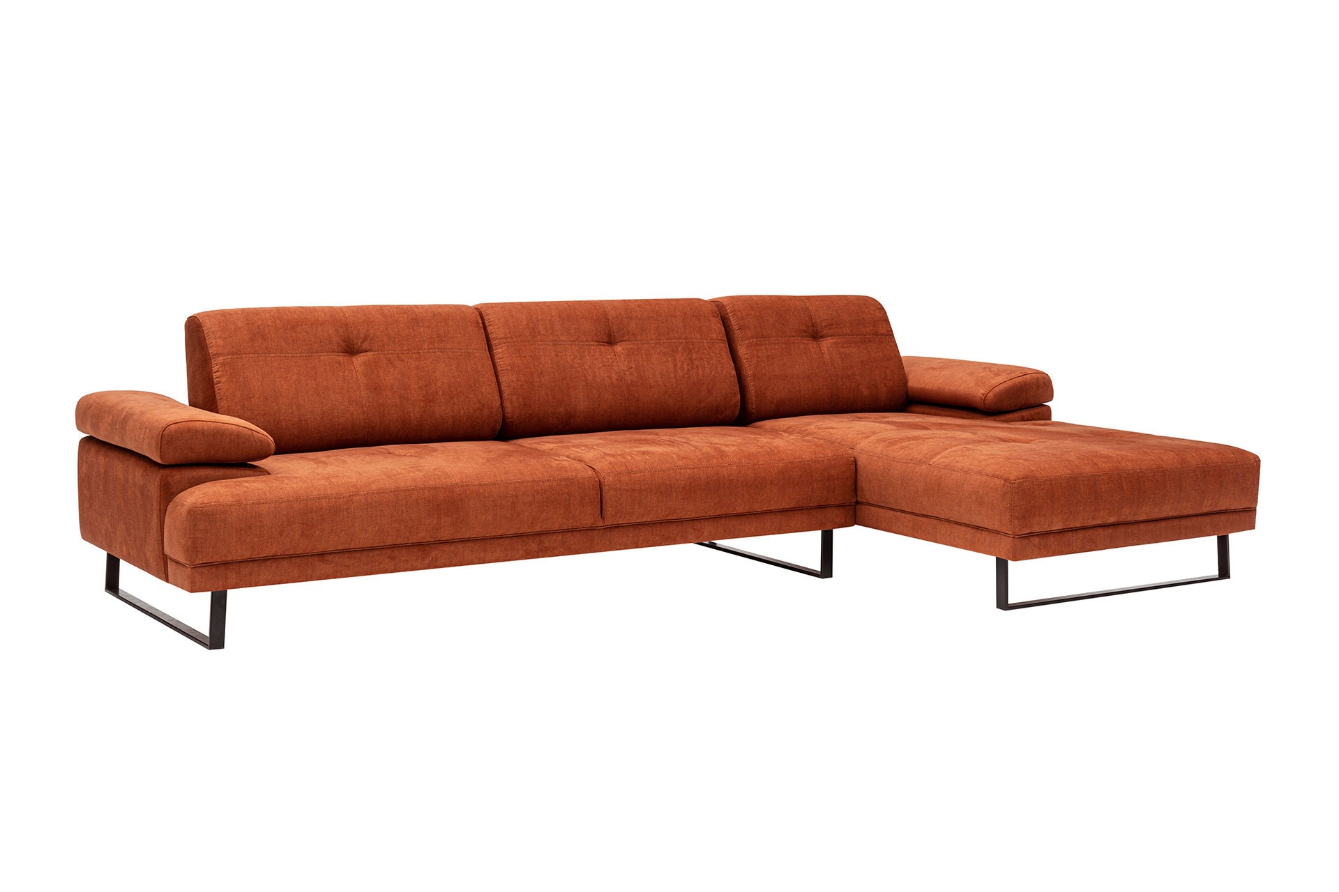 Sofá de canto laranja elegante, estrutura de madeira de faia e aglomerado, 314 x 174 cm | 100% poliéster, braço ajustável, encosto móvel, design industrial moderno
