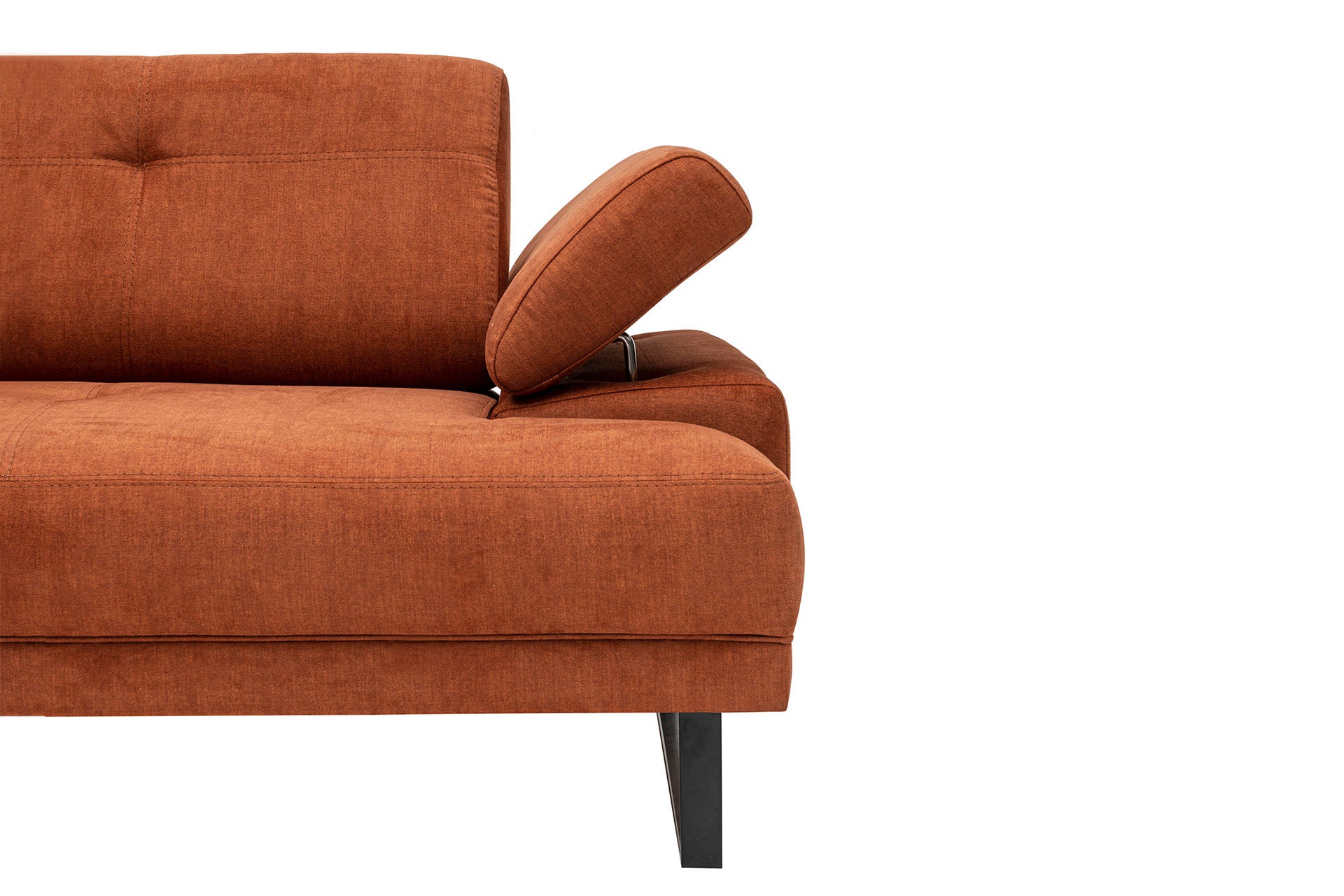 Sofá de canto laranja elegante, estrutura de madeira de faia e aglomerado, 174 x 314 cm | 100% poliéster, braço ajustável, encosto móvel, pernas pretas foscas | Design industrial moderno