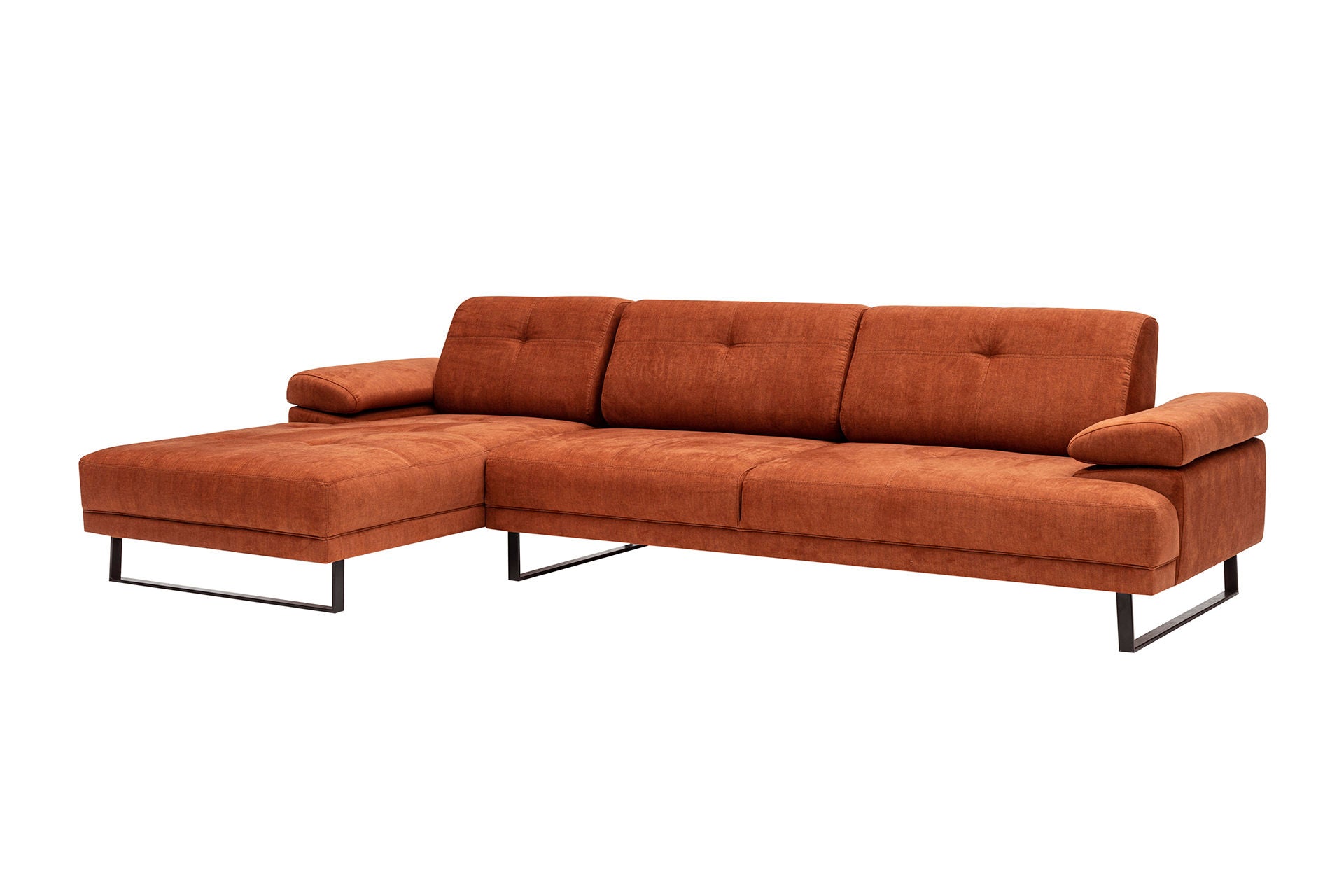 Sofá de canto laranja elegante, estrutura de madeira de faia e aglomerado, 174 x 314 cm | 100% poliéster, braço ajustável, encosto móvel, pernas pretas foscas | Design industrial moderno