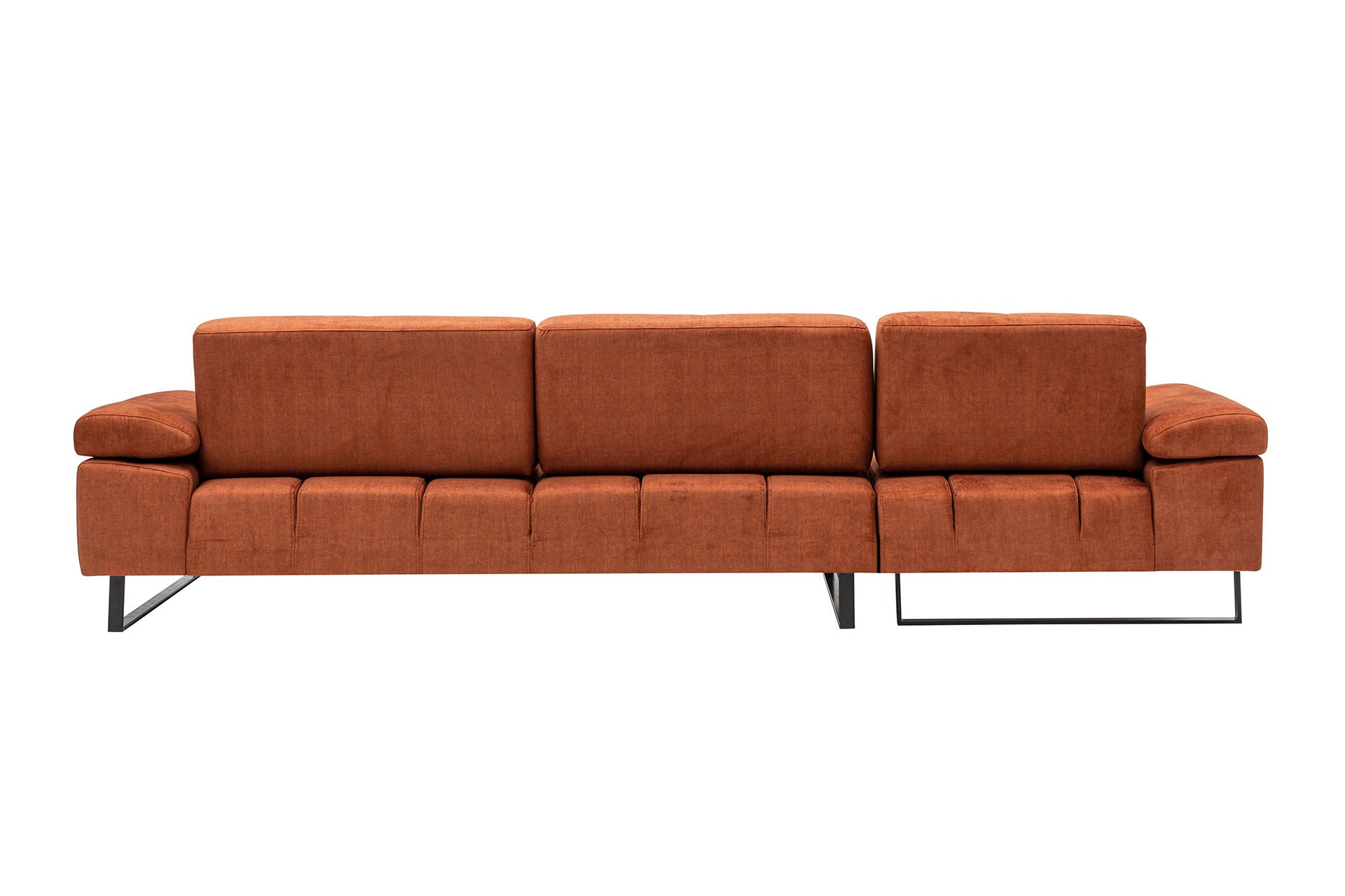 Sofá de canto laranja elegante, estrutura de madeira de faia e aglomerado, 174 x 314 cm | 100% poliéster, braço ajustável, encosto móvel, pernas pretas foscas | Design industrial moderno