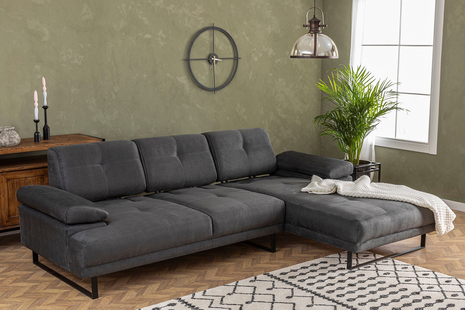 Sofá de canto elegante, antracite, 274 x 174 x 83 cm | Estrutura em madeira de faia e aglomerado, 100% poliéster, braço ajustável, almofadas de espuma macia e penas | Design industrial moderno