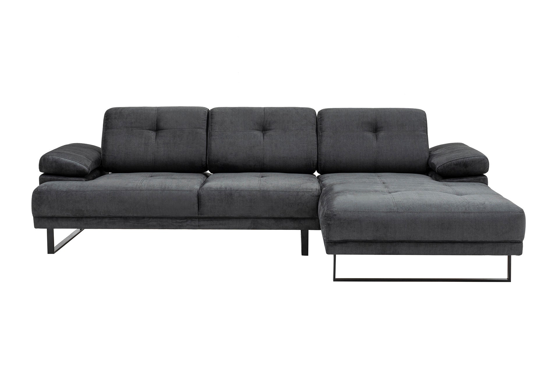 Sofá de canto elegante, antracite, 274 x 174 x 83 cm | Estrutura em madeira de faia e aglomerado, 100% poliéster, braço ajustável, almofadas de espuma macia e penas | Design industrial moderno
