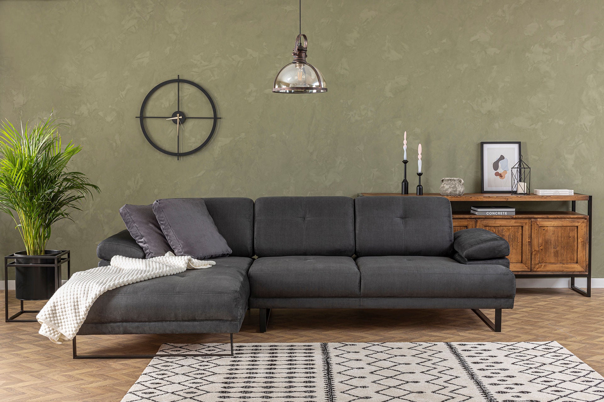 Sofá de canto elegante, antracite, 174 x 274 cm | Estrutura em madeira de faia e aglomerado, 100% poliéster, braço ajustável, encosto móvel | Design industrial moderno