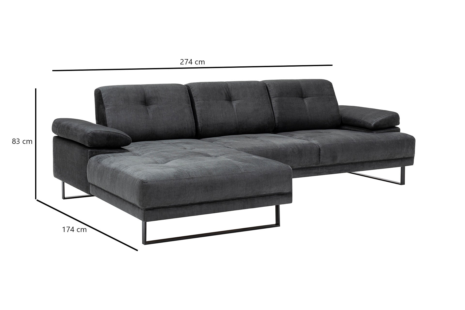 Sofá de canto elegante, antracite, 174 x 274 cm | Estrutura em madeira de faia e aglomerado, 100% poliéster, braço ajustável, encosto móvel | Design industrial moderno