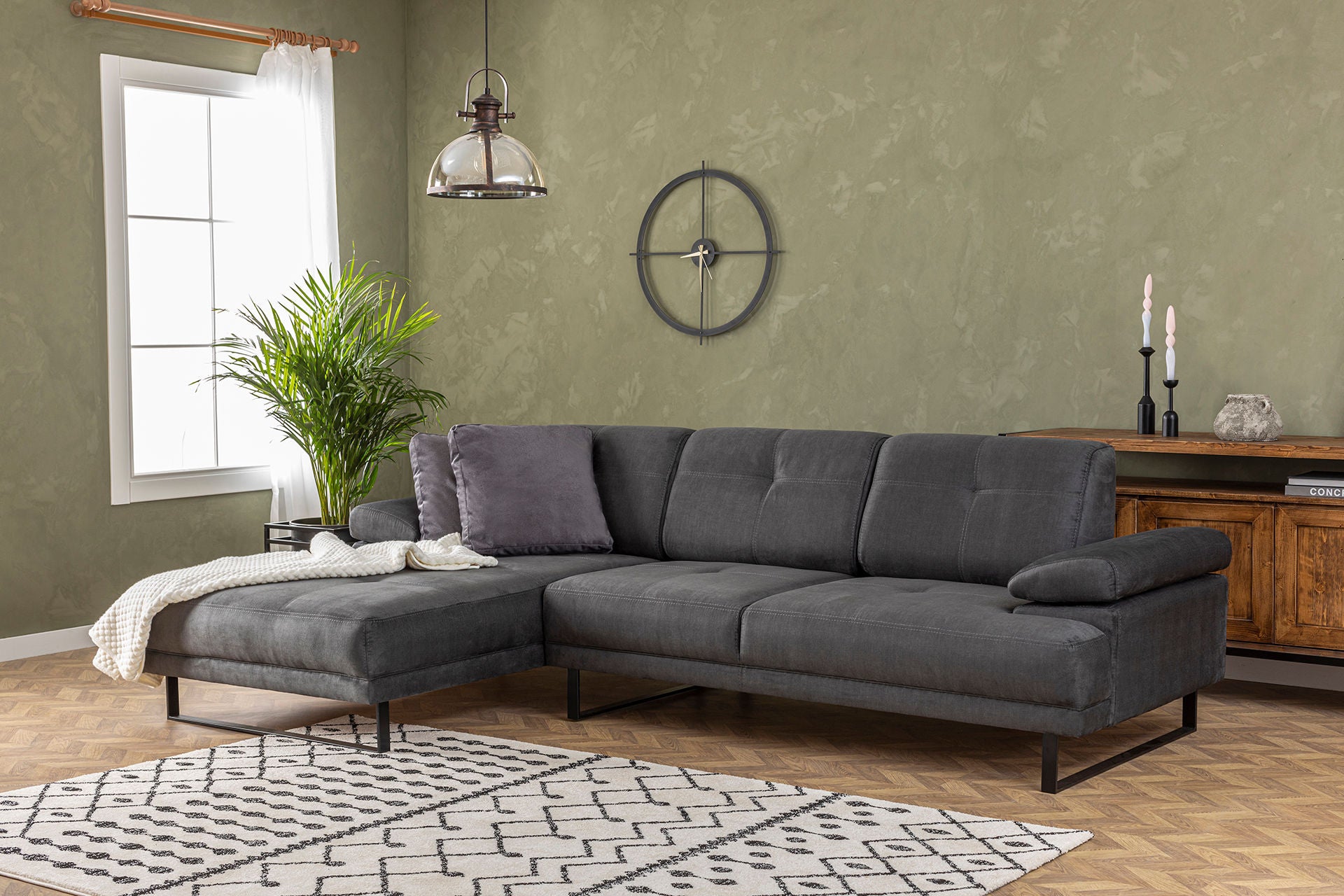 Sofá de canto elegante, antracite, 174 x 274 cm | Estrutura em madeira de faia e aglomerado, 100% poliéster, braço ajustável, encosto móvel | Design industrial moderno