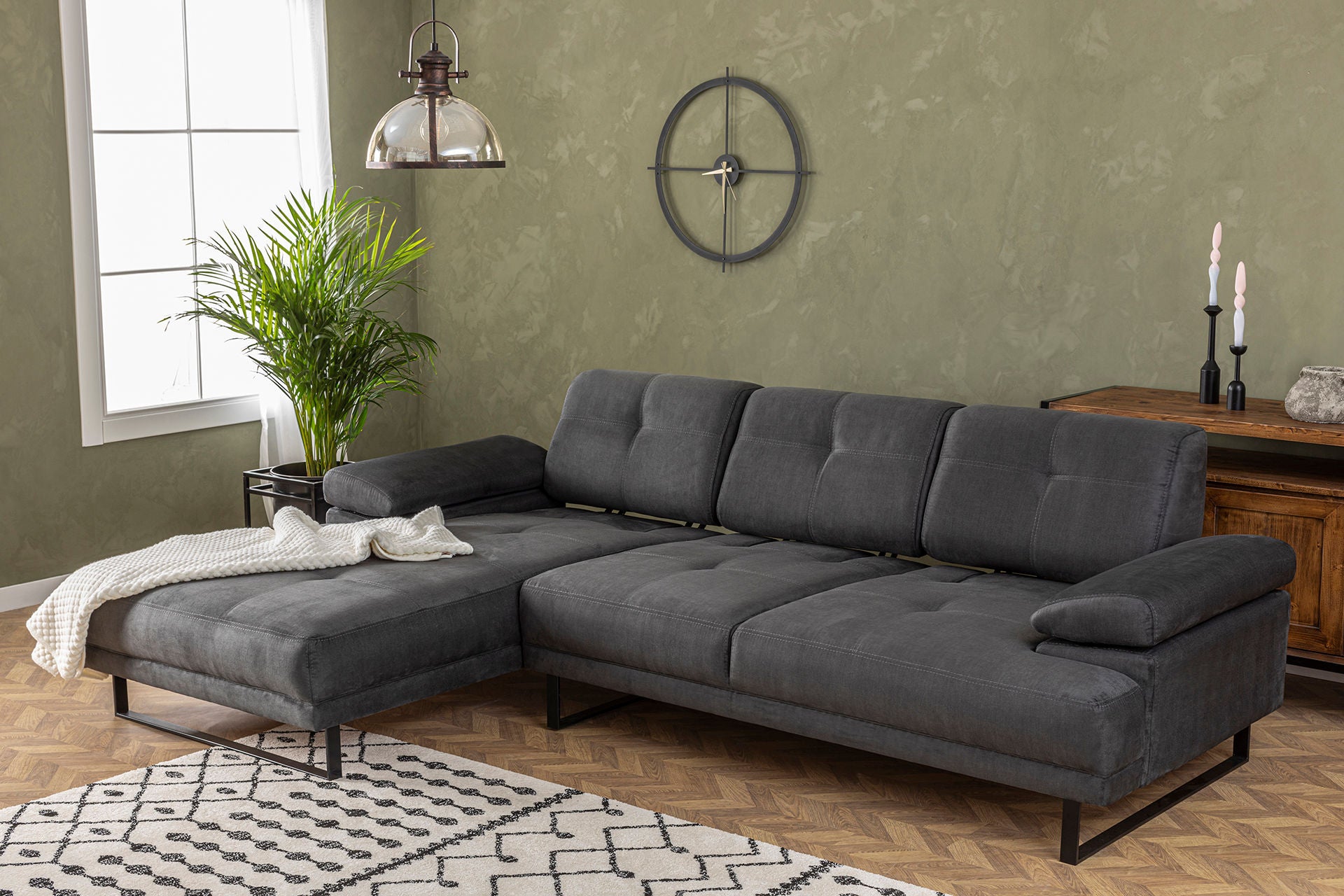 Sofá de canto elegante, antracite, 174 x 274 cm | Estrutura em madeira de faia e aglomerado, 100% poliéster, braço ajustável, encosto móvel | Design industrial moderno