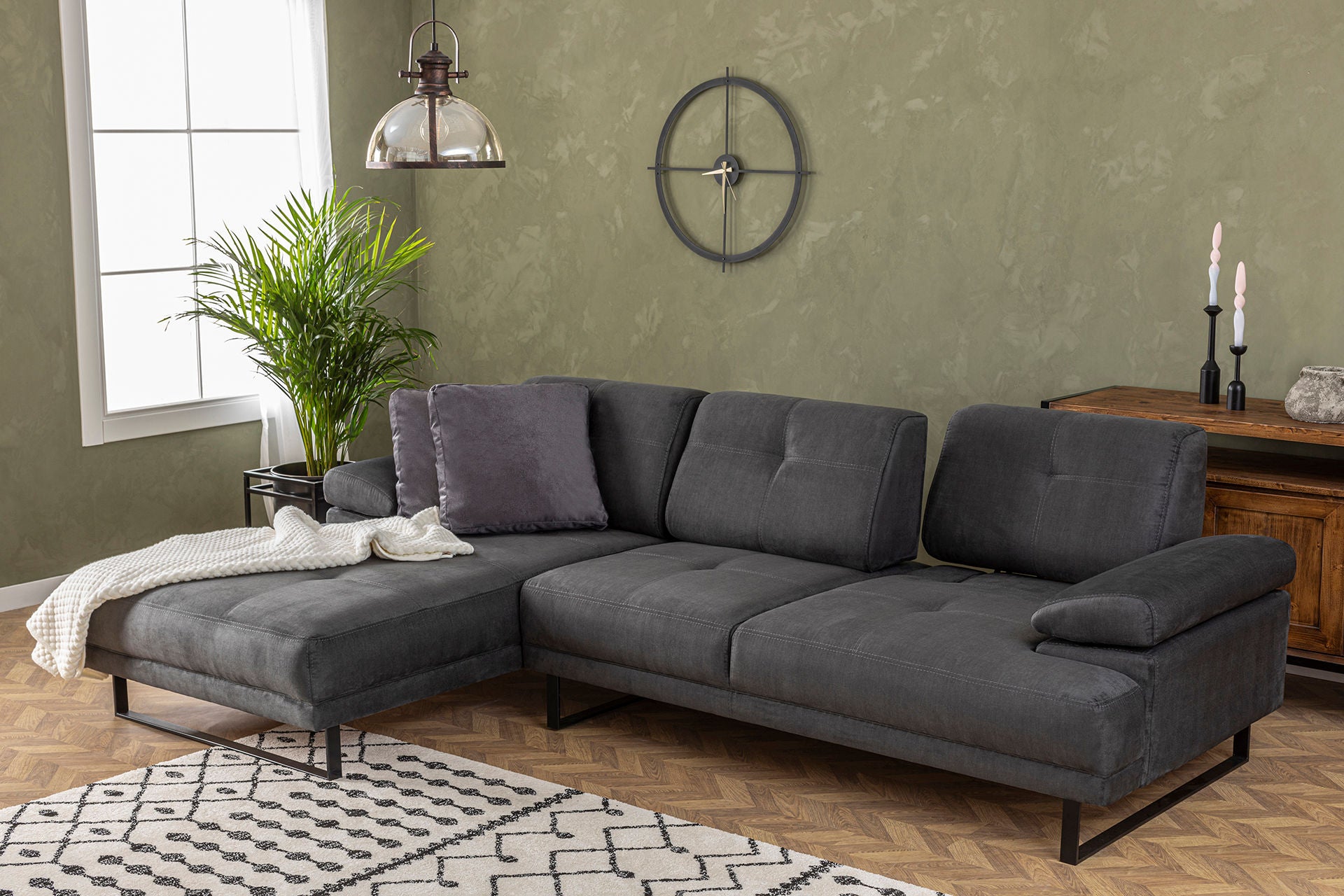 Sofá de canto elegante, antracite, 174 x 274 cm | Estrutura em madeira de faia e aglomerado, 100% poliéster, braço ajustável, encosto móvel | Design industrial moderno