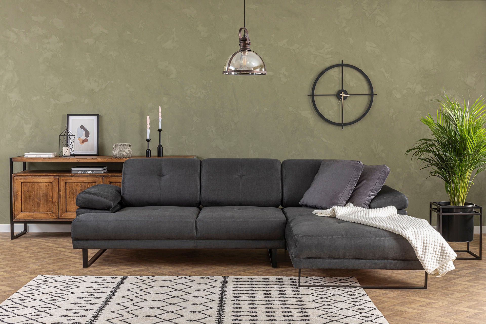 Sofá de canto elegante, antracite, 314 x 174 x 83 cm | Estrutura em madeira de faia e aglomerado, 100% poliéster, braço ajustável, almofadas de espuma macia e penas | Design industrial moderno