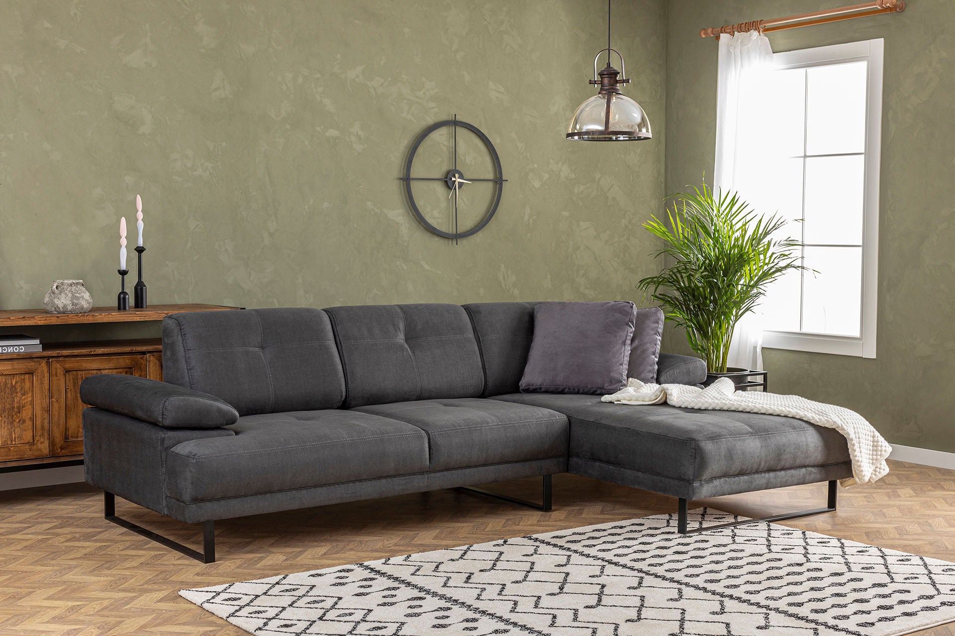 Sofá de canto elegante, antracite, 314 x 174 x 83 cm | Estrutura em madeira de faia e aglomerado, 100% poliéster, braço ajustável, almofadas de espuma macia e penas | Design industrial moderno