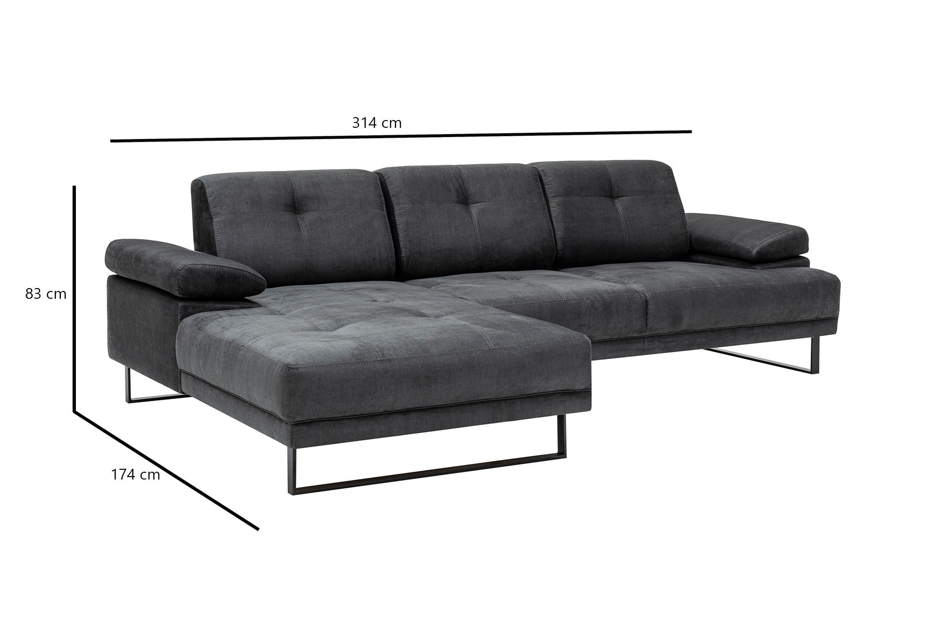Sofá de canto elegante, antracite, 174 x 314 cm | Estrutura em madeira de faia e aglomerado, 100% poliéster, braço ajustável, encosto móvel | Design industrial moderno