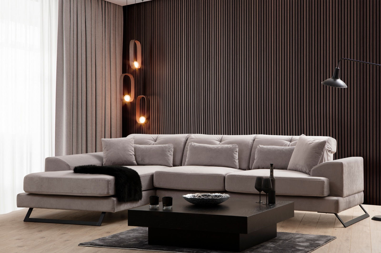 Sofá de canto elegante, cinza claro, 304 x 190 cm | Estrutura em madeira de faia e aglomerado, encosto ajustável, almofadas de espuma macia | Design industrial moderno