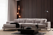 Sofá de canto elegante, cinza claro, 304 x 190 cm | Estrutura em madeira de faia e aglomerado, encosto ajustável, almofadas de espuma macia | Design industrial moderno