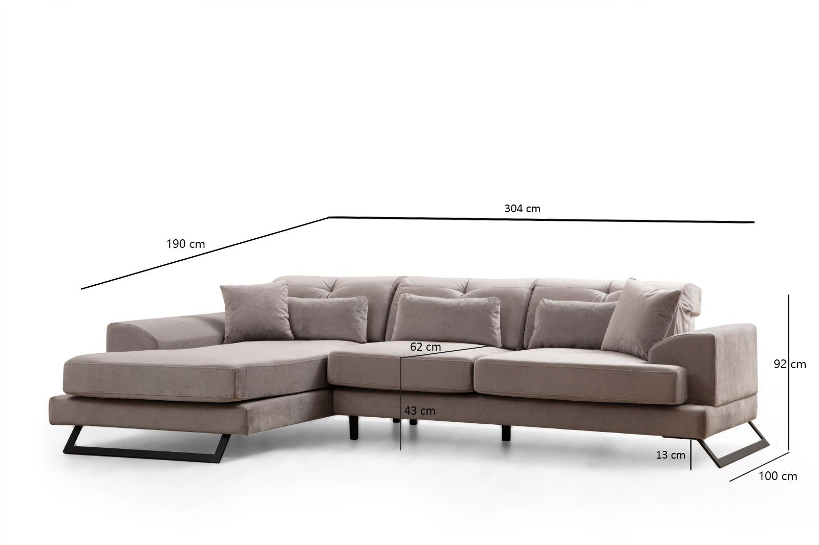 Sofá de canto elegante, cinza claro, 304 x 190 cm | Estrutura em madeira de faia e aglomerado, encosto ajustável, almofadas de espuma macia | Design industrial moderno