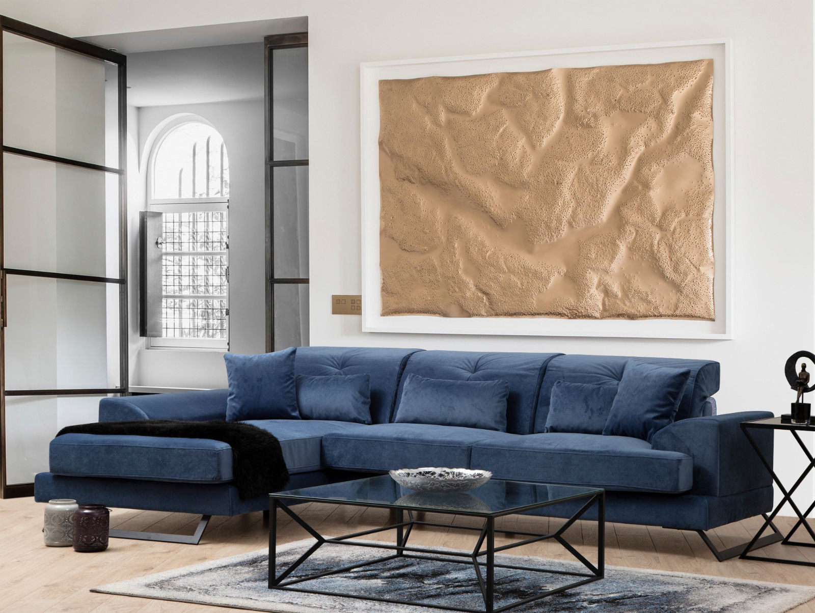 Sofá de canto elegante em azul-marinho, estrutura de madeira de faia e aglomerado, encosto ajustável, 5 almofadas incluídas, 190 x 304 cm | Design industrial moderno, tecido lavável a seco