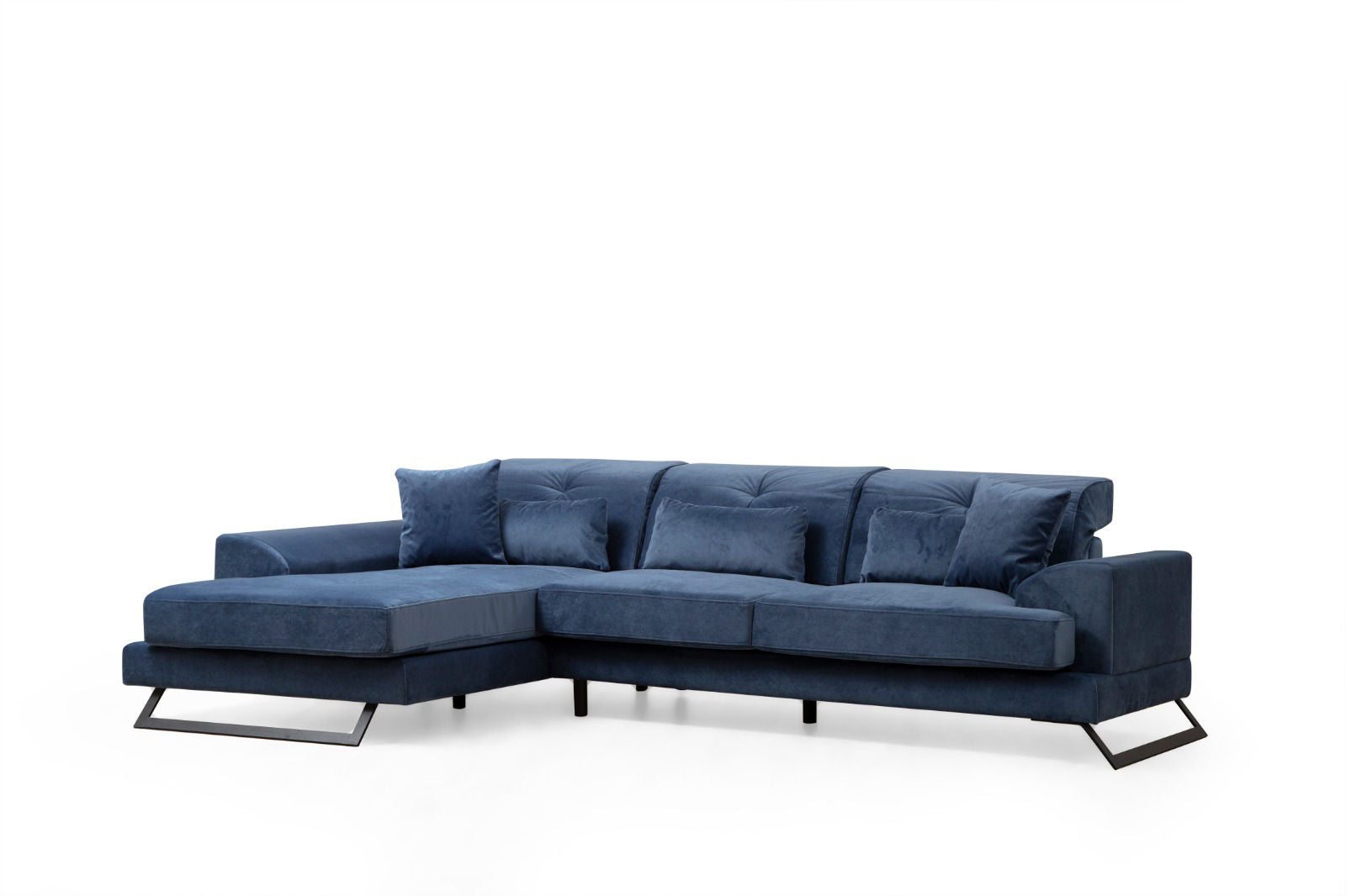 Sofá de canto elegante em azul-marinho, estrutura de madeira de faia e aglomerado, encosto ajustável, 5 almofadas incluídas, 190 x 304 cm | Design industrial moderno, tecido lavável a seco