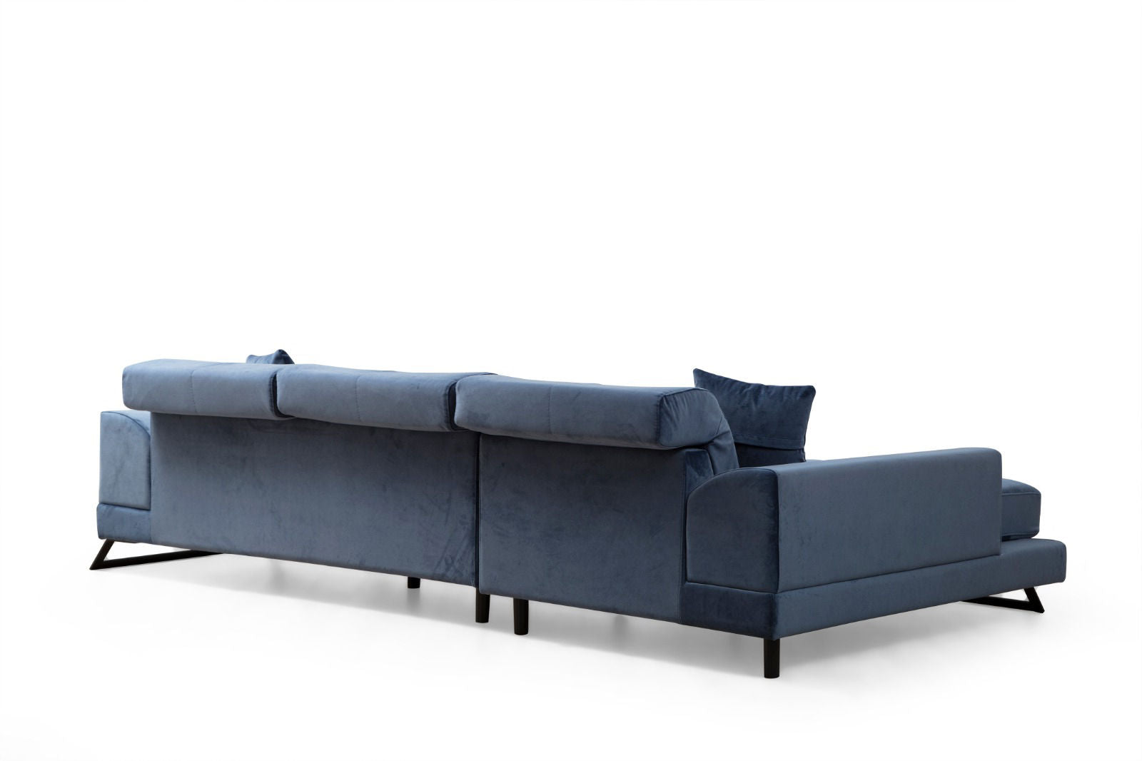 Sofá de canto elegante em azul-marinho, estrutura de madeira de faia e aglomerado, encosto ajustável, 5 almofadas incluídas, 190 x 304 cm | Design industrial moderno, tecido lavável a seco
