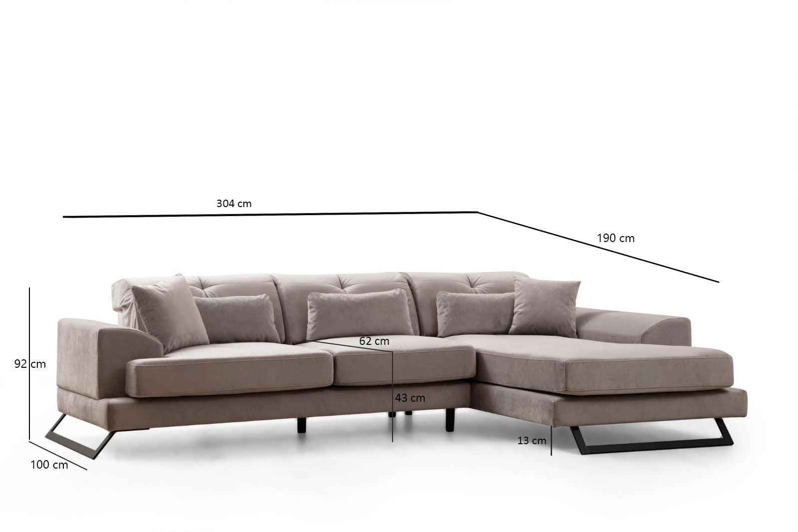 Sofá de canto elegante, cinza claro, 190 x 304 cm | Estrutura em madeira de faia e aglomerado, encosto ajustável, almofadas de espuma macia | Design moderno para sala de estar