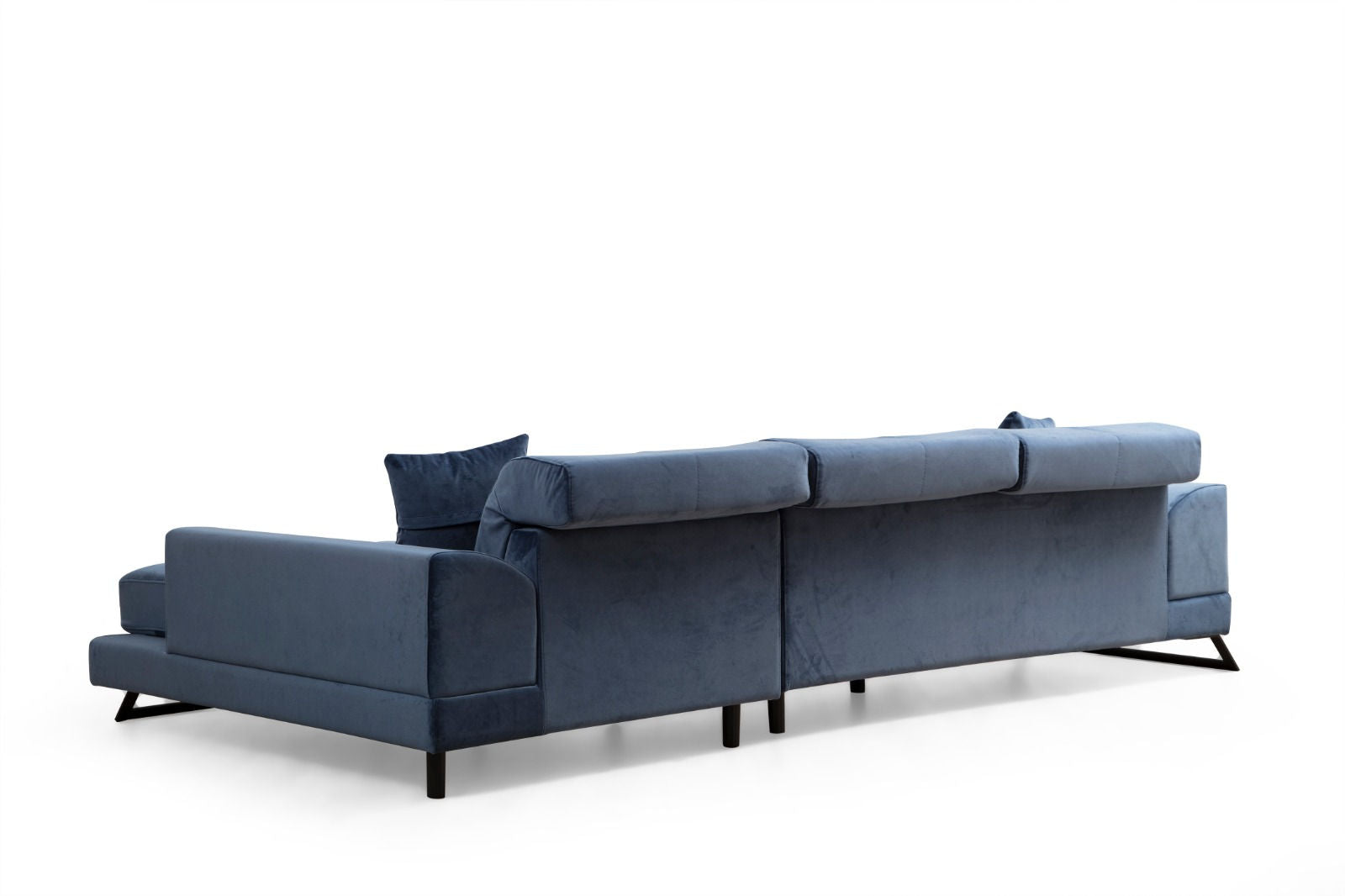 Sofá de canto elegante em azul-marinho, 304 x 190 cm | Estrutura em madeira de faia e aglomerado, encosto ajustável, 5 almofadas incluídas | Design industrial moderno, tecido lavável a seco