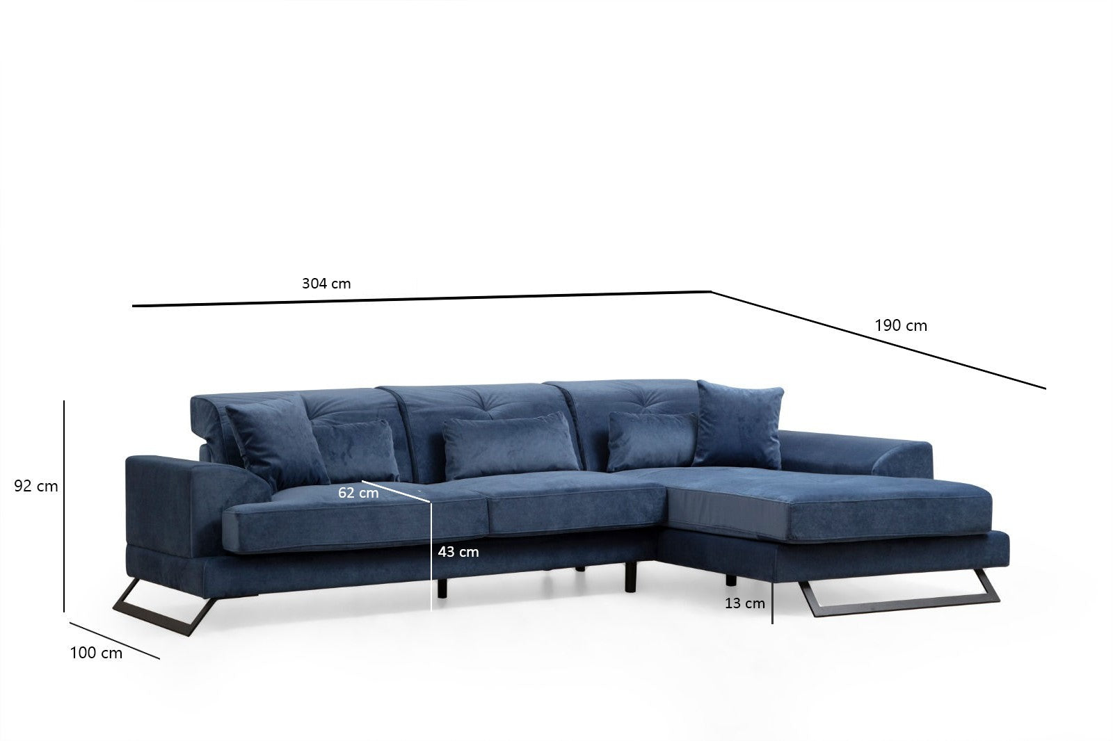 Sofá de canto elegante em azul-marinho, 304 x 190 cm | Estrutura em madeira de faia e aglomerado, encosto ajustável, 5 almofadas incluídas | Design industrial moderno, tecido lavável a seco