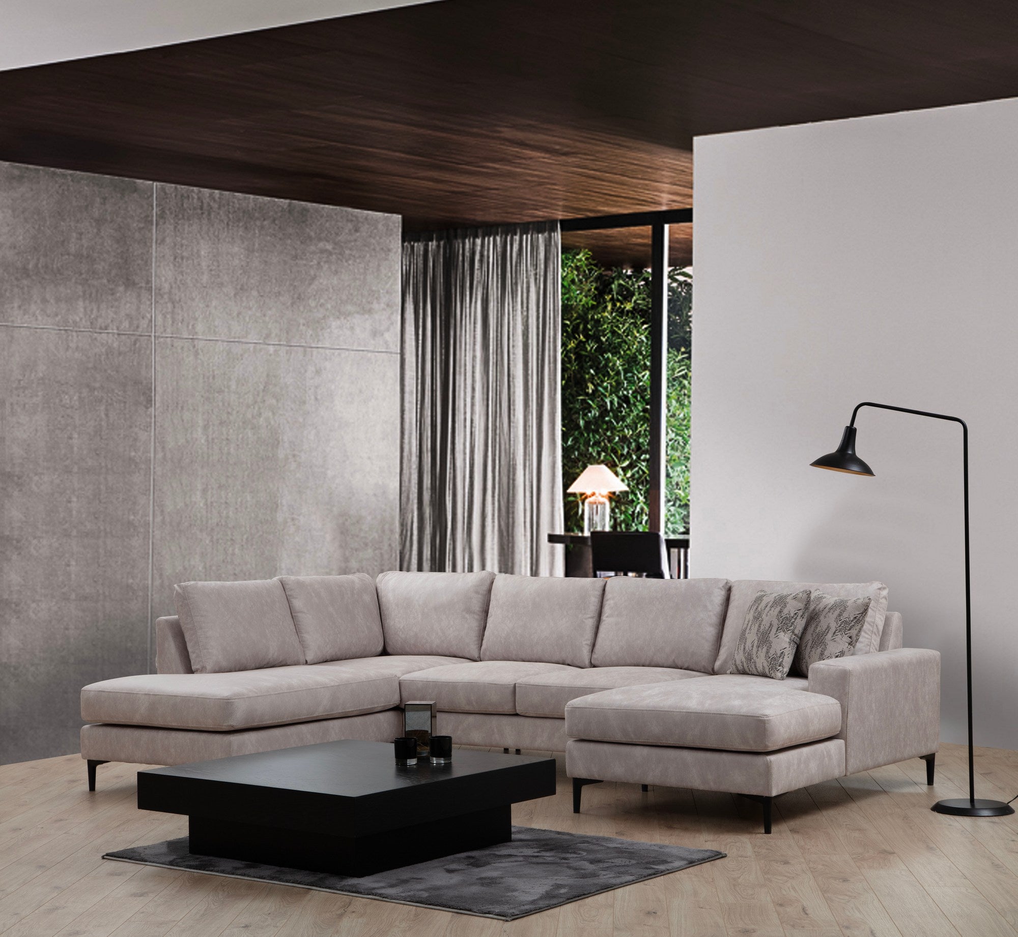 Sofá de canto elegante, bege, 200 x 314 x 155 cm | Estrutura em madeira de faia e aglomerado, 100% poliéster, almofadas de espuma macia | Design moderno para sala de estar