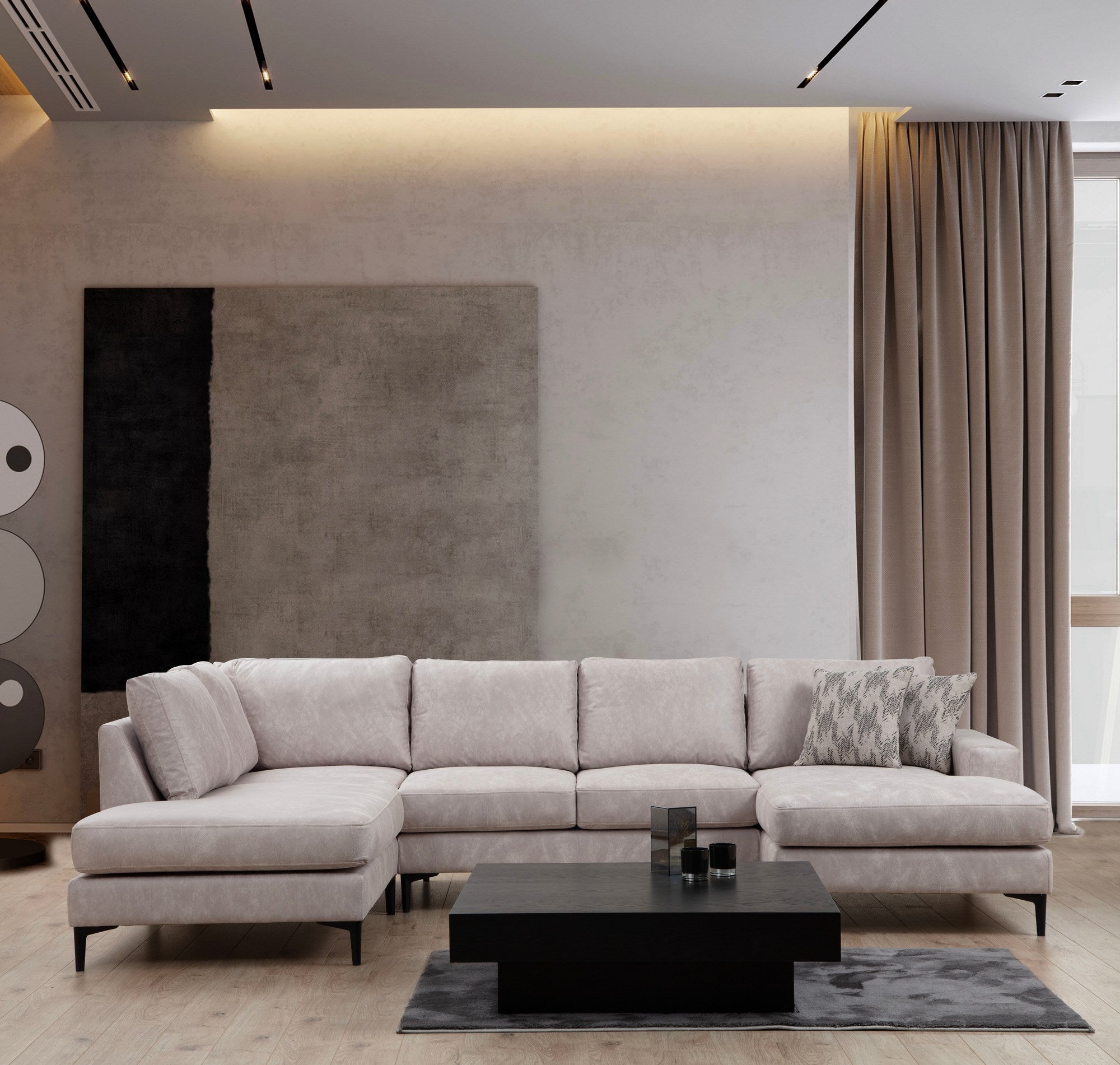 Sofá de canto elegante, bege, 200 x 314 x 155 cm | Estrutura em madeira de faia e aglomerado, 100% poliéster, almofadas de espuma macia | Design moderno para sala de estar