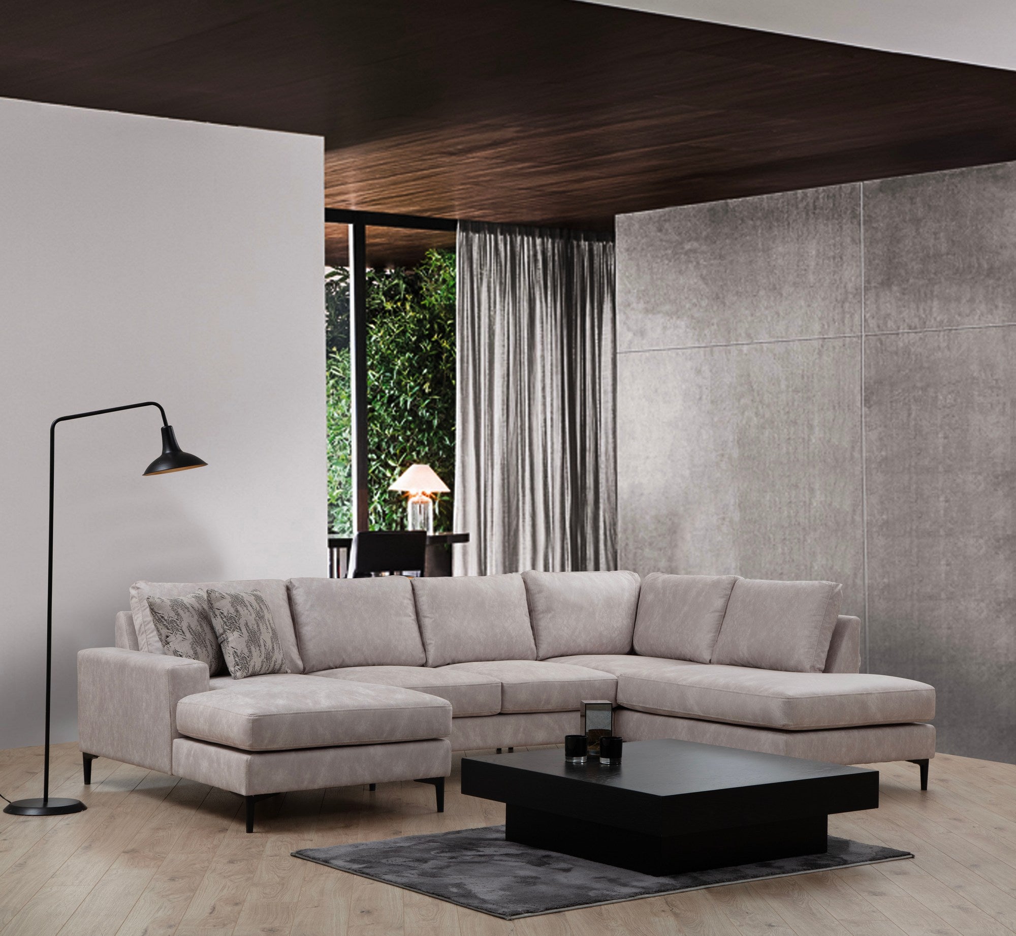 Sofá de canto elegante, bege, 155 x 314 x 200 cm | Estrutura em madeira de faia e aglomerado, 100% poliéster, almofadas de espuma macia | Design moderno para sala de estar