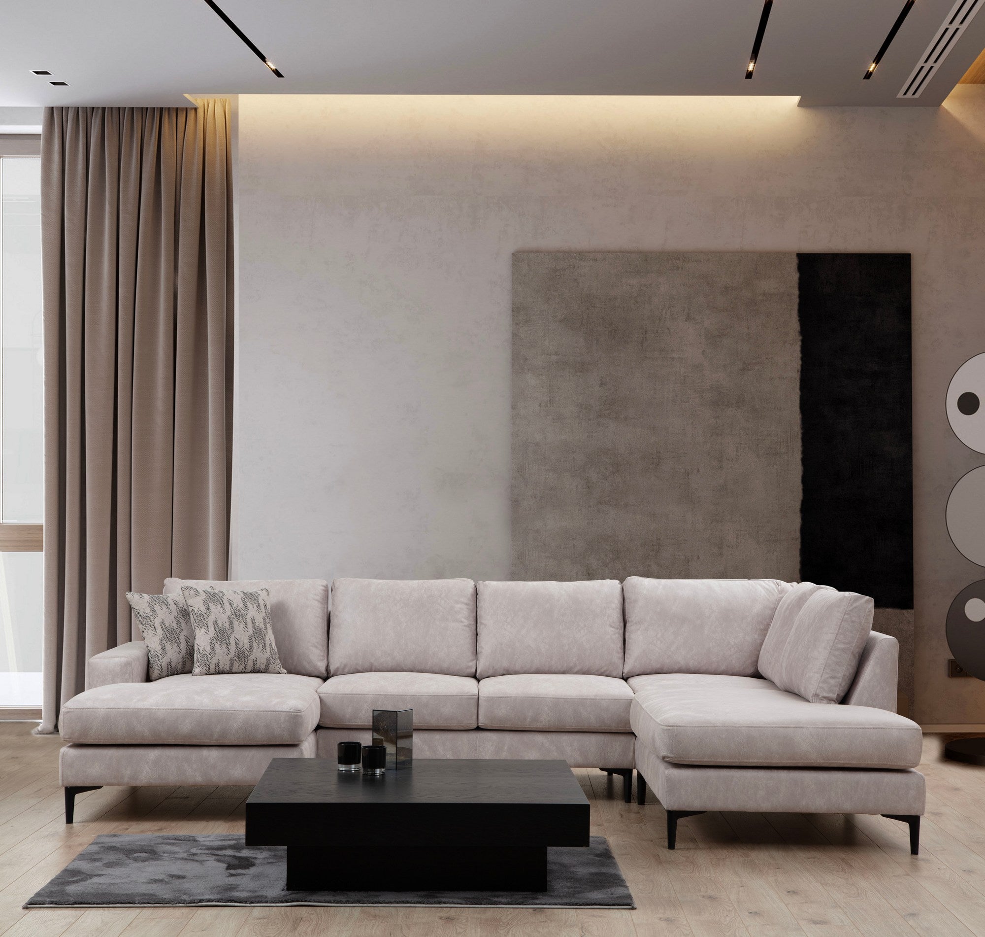 Sofá de canto elegante, bege, 155 x 314 x 200 cm | Estrutura em madeira de faia e aglomerado, 100% poliéster, almofadas de espuma macia | Design moderno para sala de estar