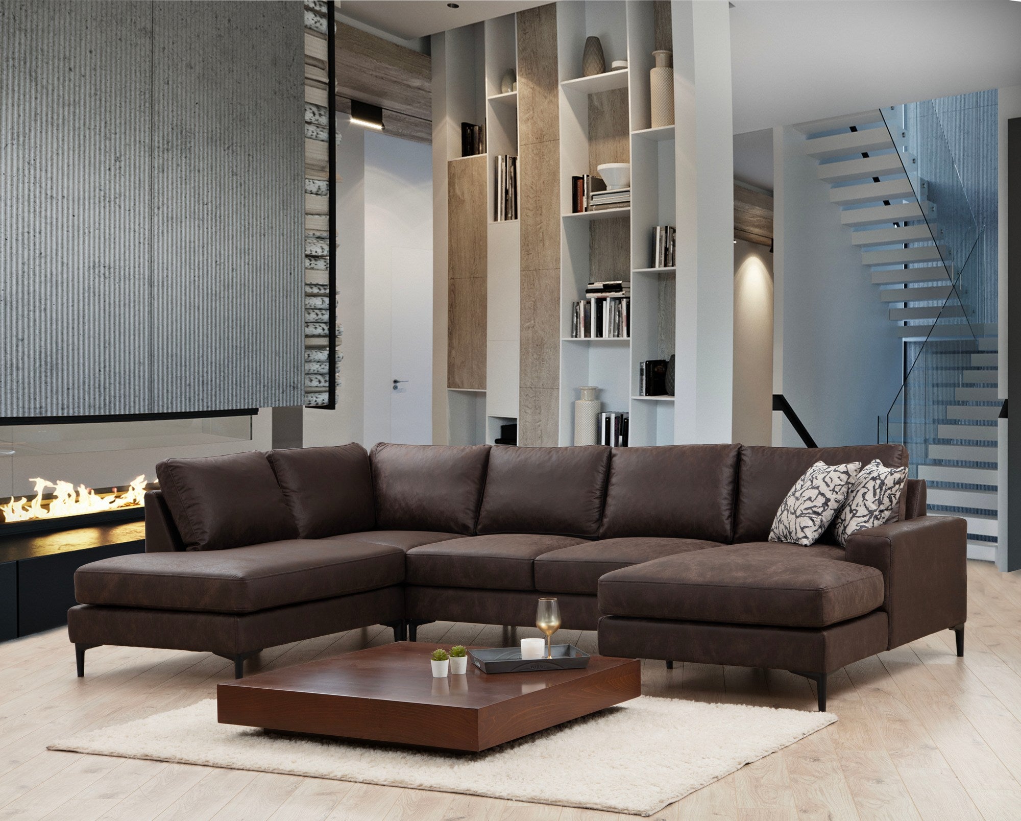 Sofá de canto elegante, marrom, 200 x 314 x 155 cm | Estrutura em madeira de faia e aglomerado, 100% poliéster, almofadas de espuma macia | Design moderno para sala de estar