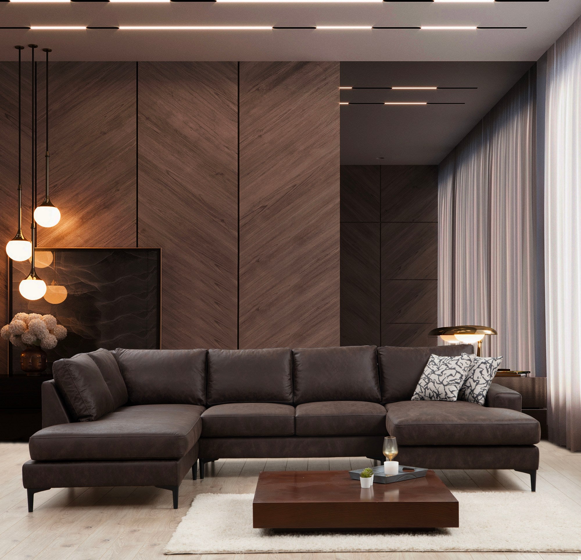 Sofá de canto elegante, marrom, 200 x 314 x 155 cm | Estrutura em madeira de faia e aglomerado, 100% poliéster, almofadas de espuma macia | Design moderno para sala de estar