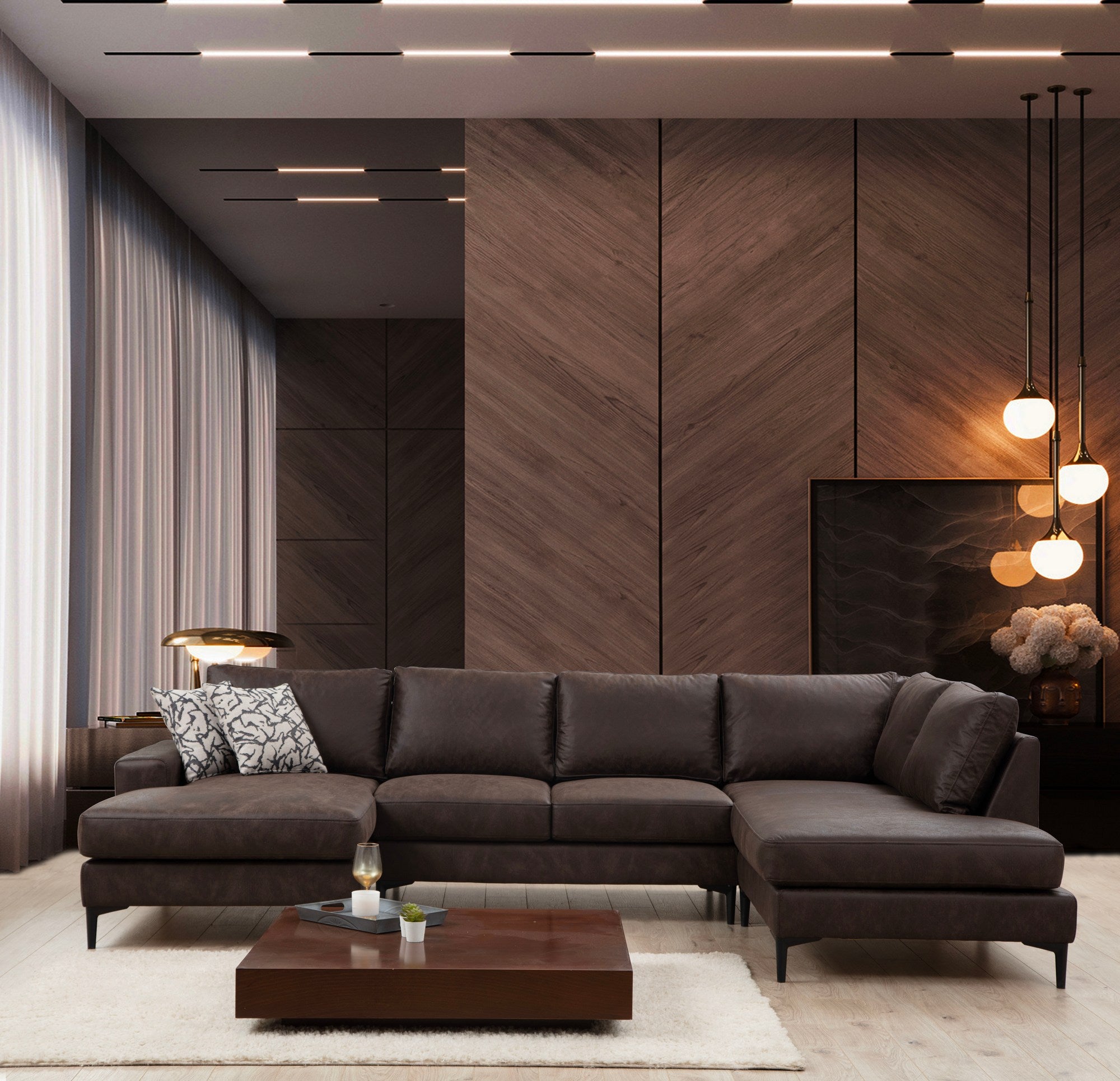Sofá de canto elegante, marrom, 155 x 314 x 200 cm | Estrutura em madeira de faia e aglomerado, 100% poliéster, almofadas de espuma macia | Design moderno para sala de estar