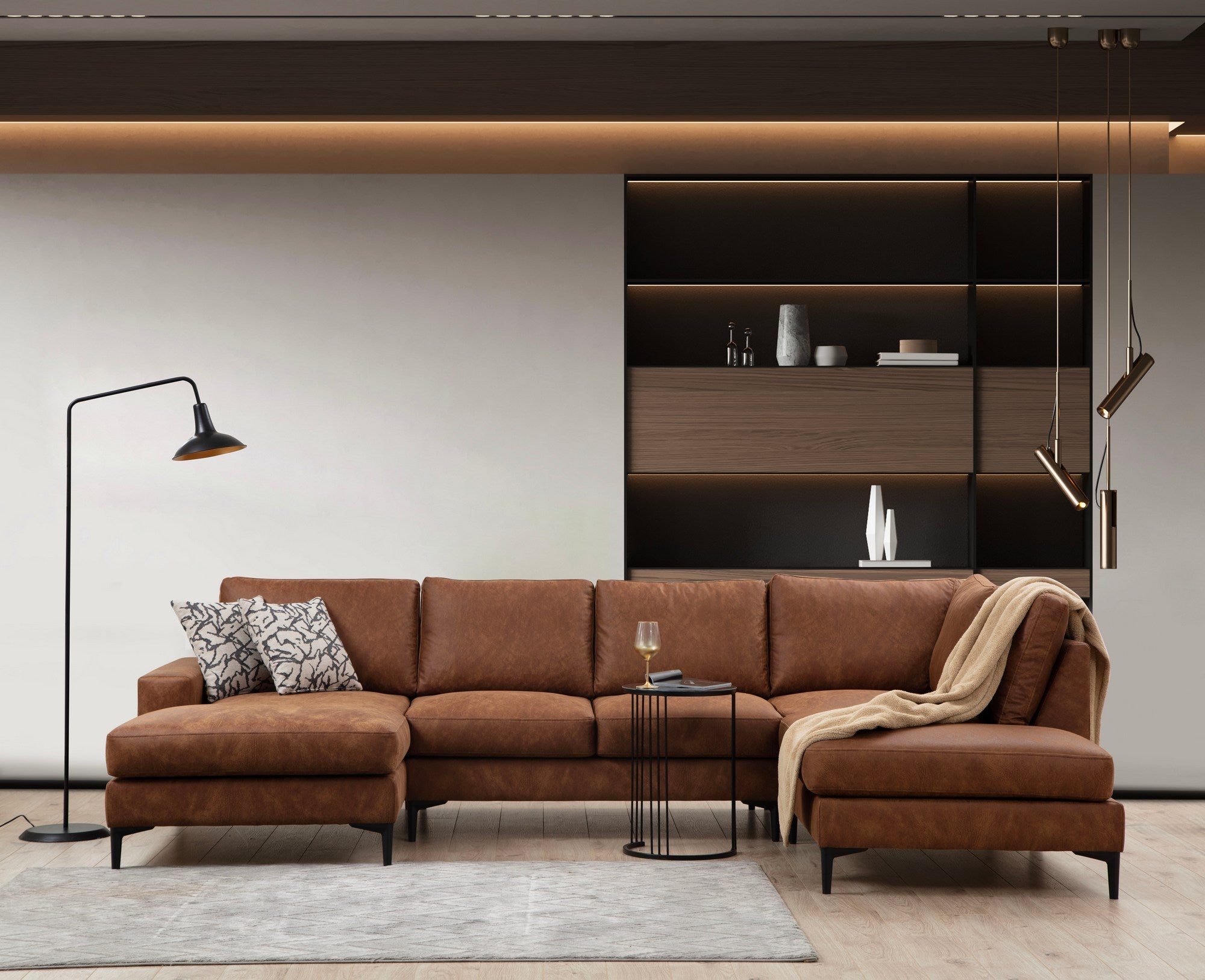 Sofá de canto elegante, cor camelo, 155 x 314 x 200 cm | Estrutura em madeira de faia e aglomerado, 100% poliéster, tecido lavável a seco | Design confortável e moderno
