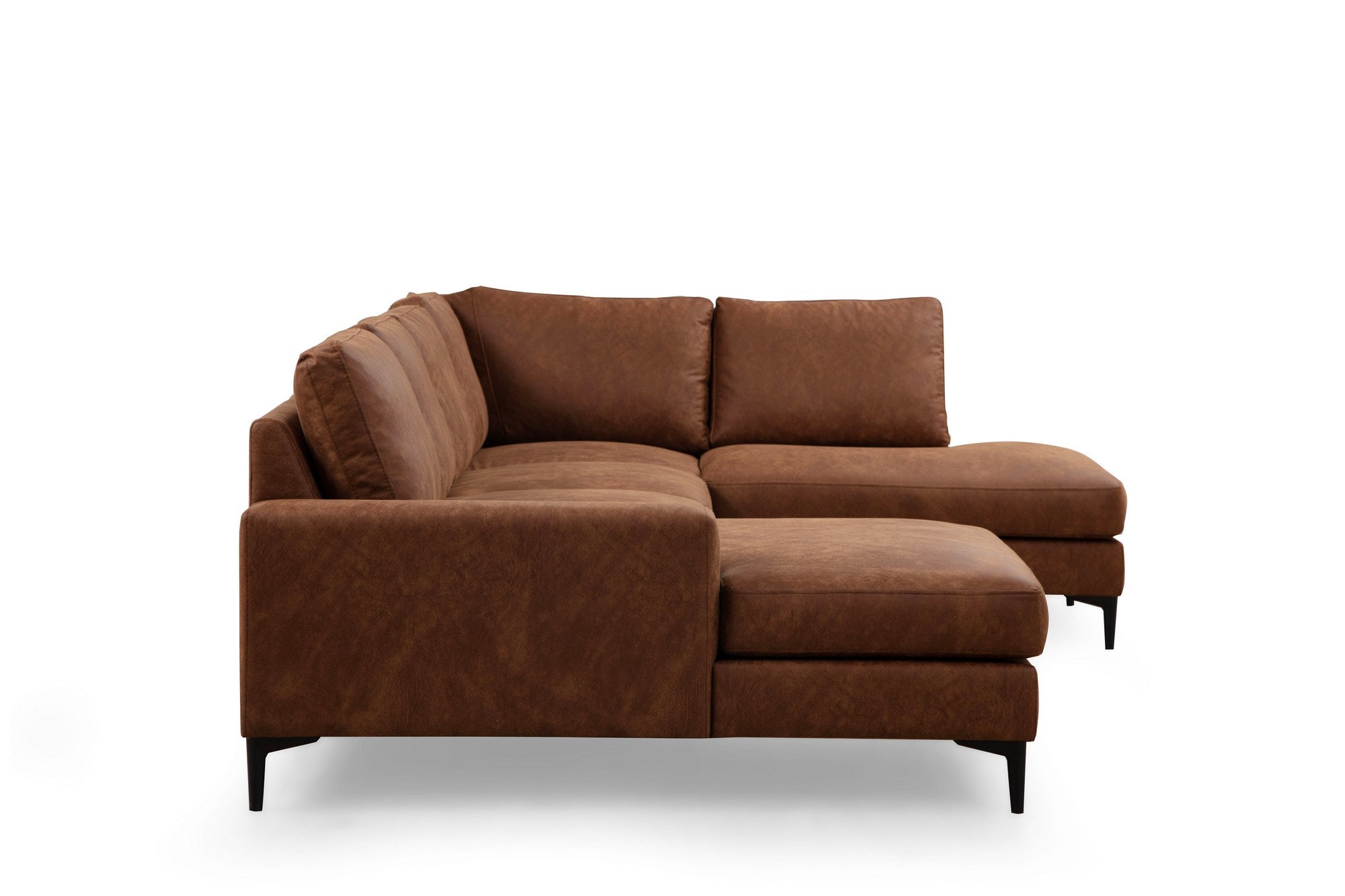 Sofá de canto elegante, cor camelo, 155 x 314 x 200 cm | Estrutura em madeira de faia e aglomerado, 100% poliéster, tecido lavável a seco | Design confortável e moderno