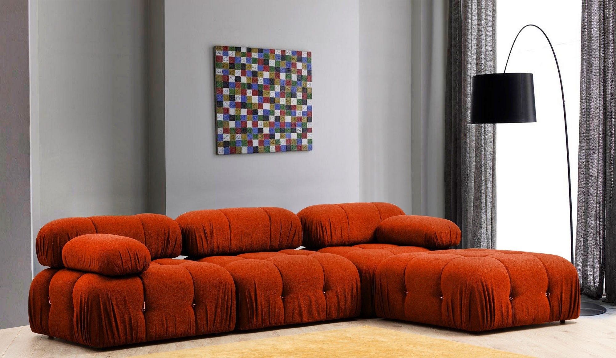 Sofá de canto elegante, vermelho-azulejo, 288 x 190 x 75 cm | Estrutura em madeira de faia e aglomerado, 100% poliéster, encosto e braço removíveis | Design confortável e moderno