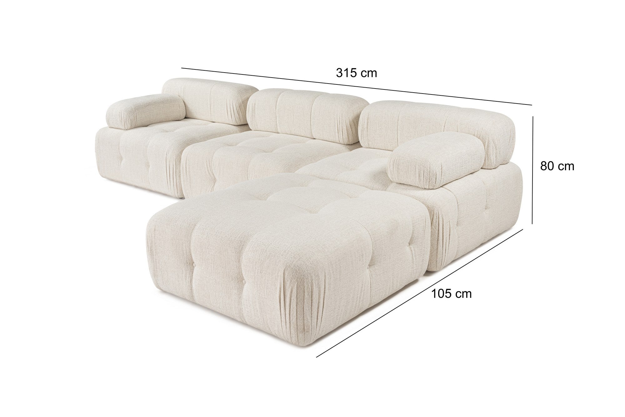 Sofá de canto elegante em tom creme, 300x200 cm | Estrutura em madeira de faia e aglomerado, 100% poliéster, espuma 28 DNS | Design moderno com mecanismo de mudança e tecido lavável a seco