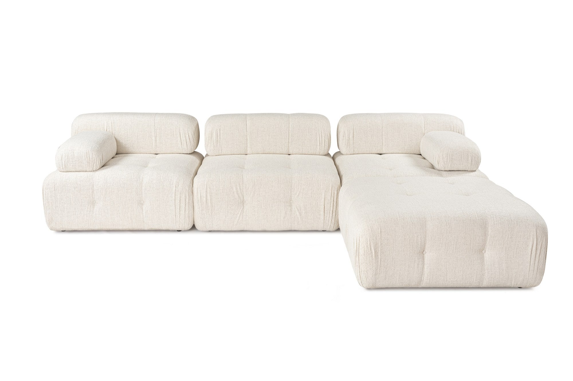 Sofá de canto elegante em tom creme, 300x200 cm | Estrutura em madeira de faia e aglomerado, 100% poliéster, espuma 28 DNS | Design moderno com mecanismo de mudança e tecido lavável a seco