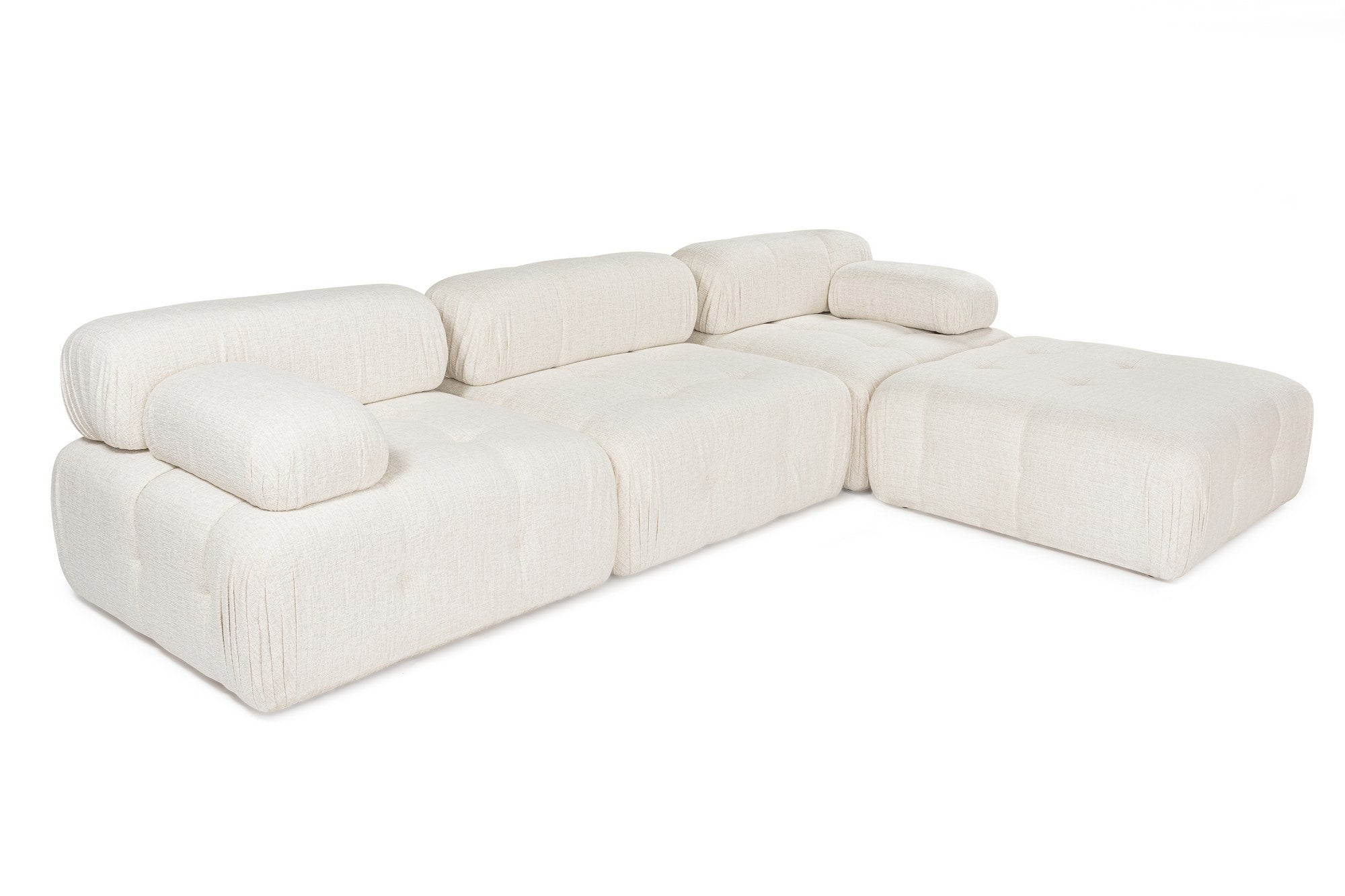 Sofá de canto elegante em tom creme, 300x200 cm | Estrutura em madeira de faia e aglomerado, 100% poliéster, espuma 28 DNS | Design moderno com mecanismo de mudança e tecido lavável a seco