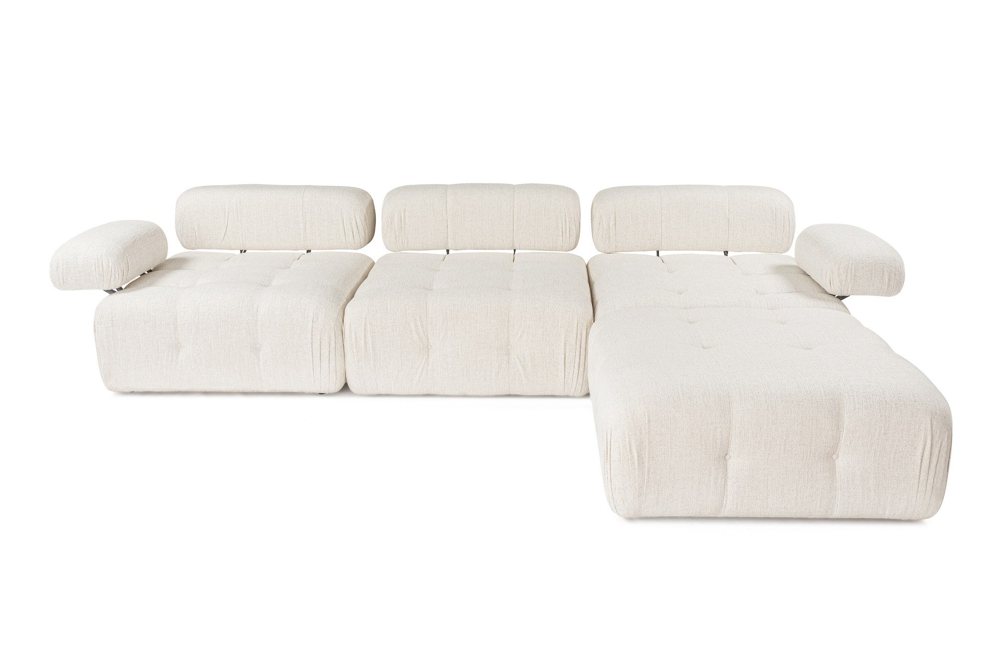 Sofá de canto elegante em tom creme, 300x200 cm | Estrutura em madeira de faia e aglomerado, 100% poliéster, espuma 28 DNS | Design moderno com mecanismo de mudança e tecido lavável a seco