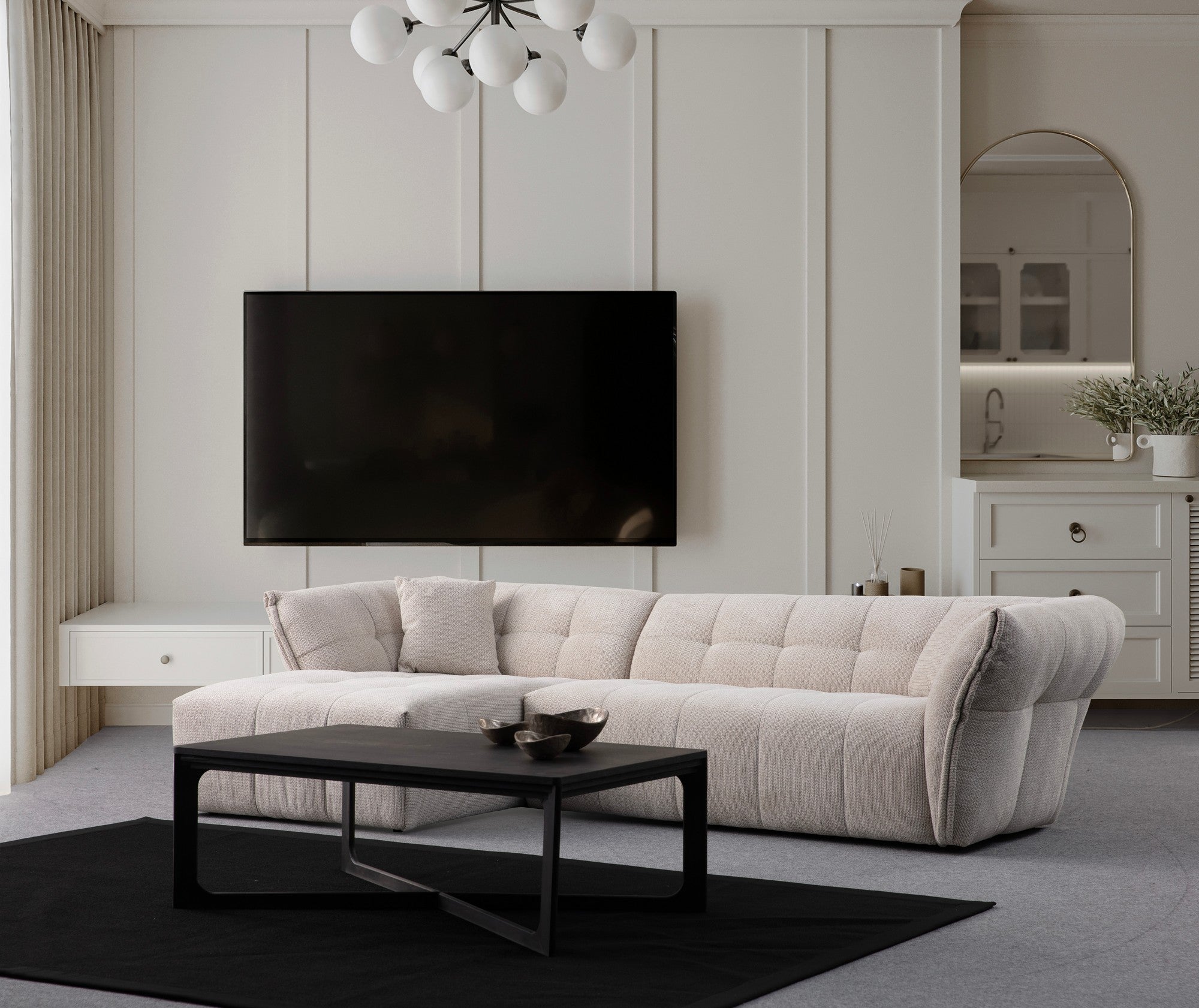 Sofá de canto elegante branco, estrutura em madeira de faia e aglomerado, 290 x 165 cm | 100% poliéster, espuma macia, 2 almofadas incluídas | Design moderno para sala de estar
