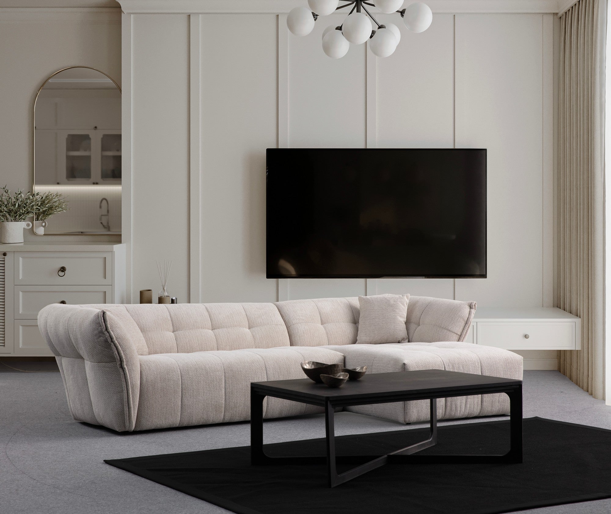 Sofá de canto elegante, branco, 165 x 290 cm | Estrutura de madeira de faia, tecido 100% poliéster, espuma macia e 2 almofadas incluídas | Design moderno para sala de estar